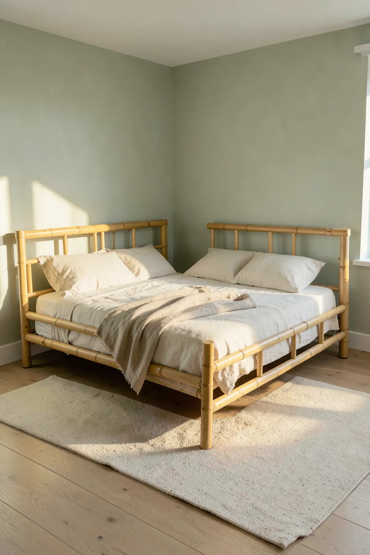 A Japandi bedroom with a light-toned bamboo bed frame against soft green walls in warm sunlight.