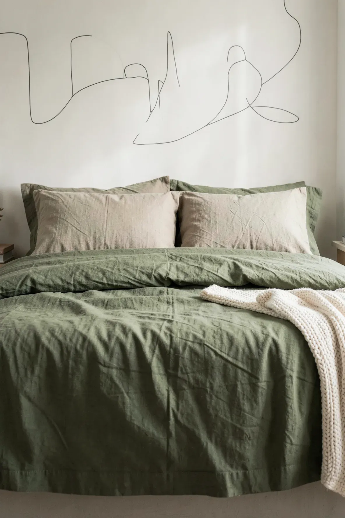 A cozy bed with olive green linen bedding and cream pillows in a bright, relaxing bedroom.