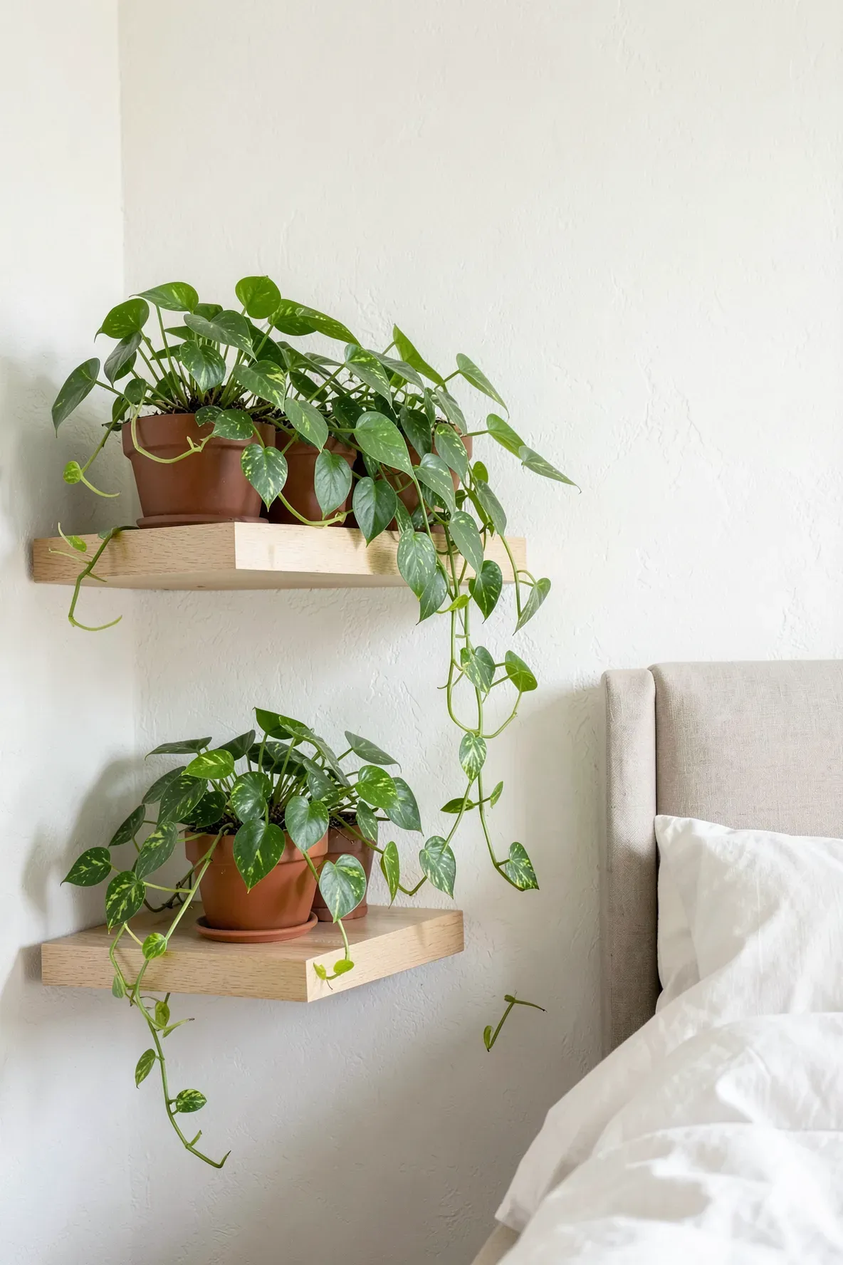 Lush green Pothos plants trailing from floating oak shelves on a bedroom wall.