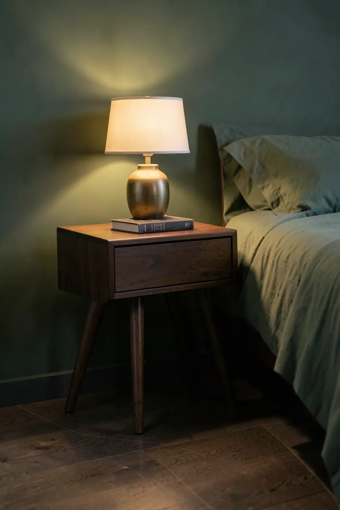 A walnut wood bedside table with tapered legs next to a bed against a forest green wall.
