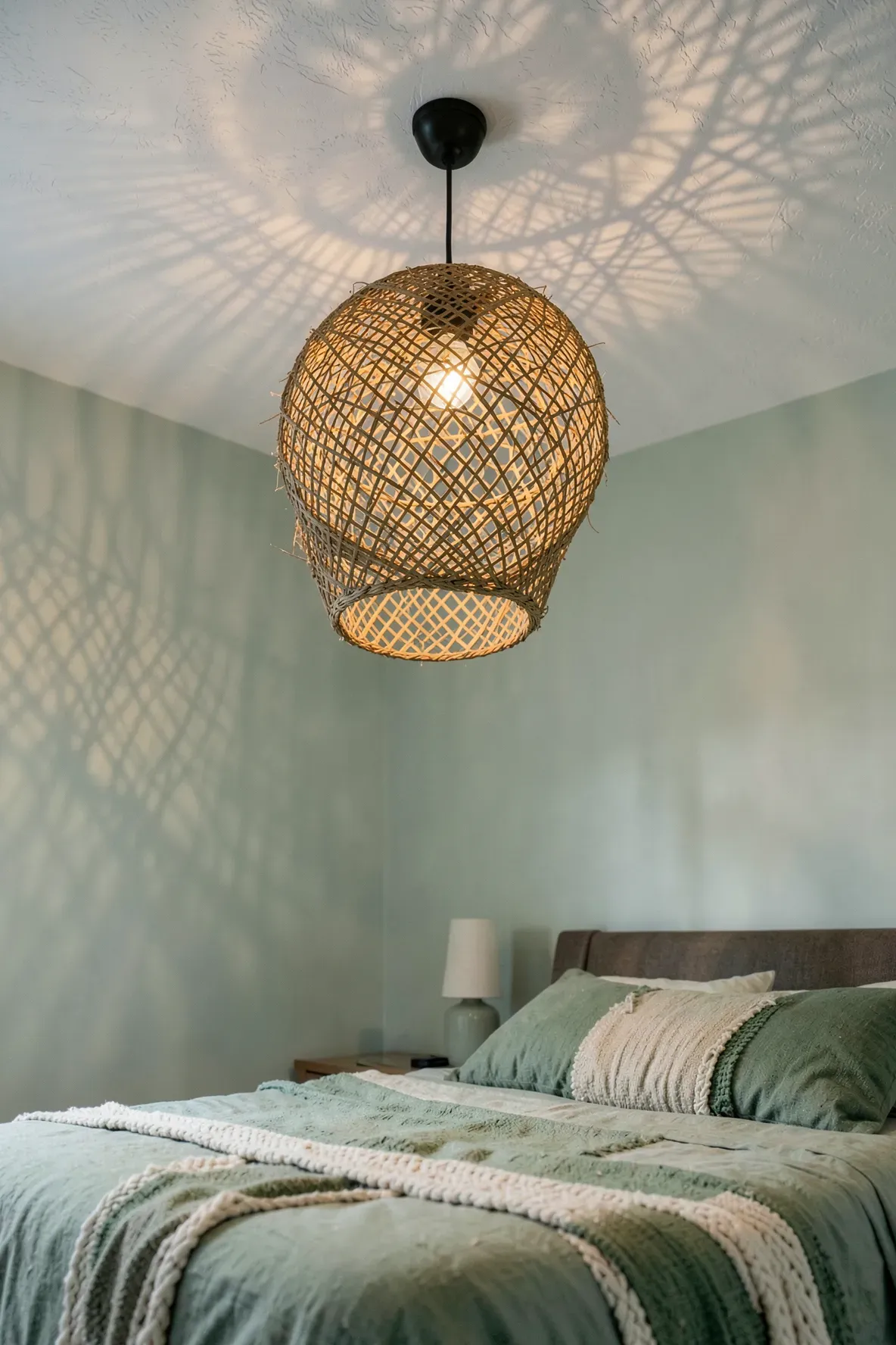 A large rattan pendant light hanging from the ceiling of a green-themed bedroom, casting soft shadows.