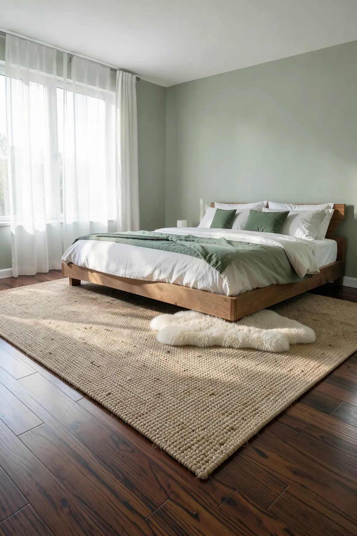 A large tan jute area rug layered over dark hardwood floors in a relaxing green-themed bedroom.