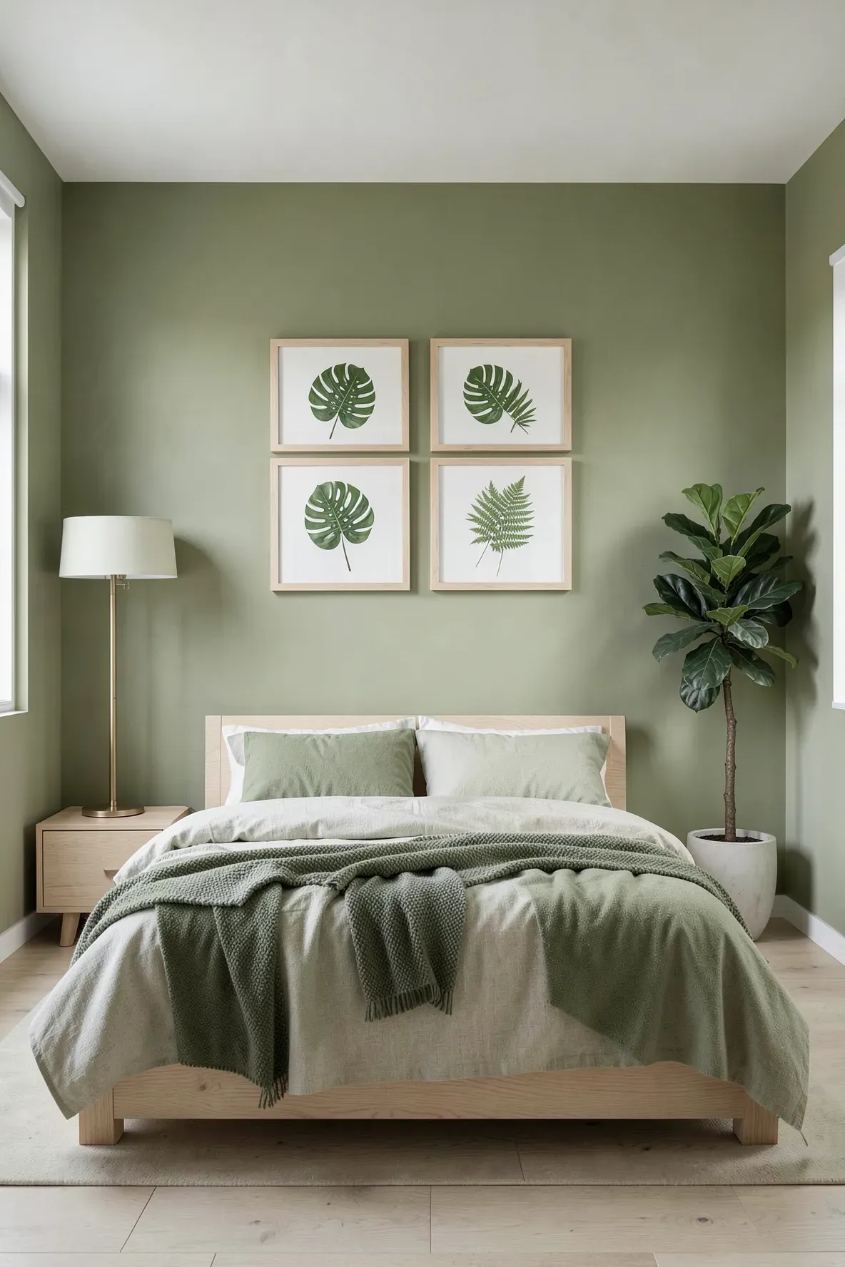 Framed botanical leaf prints in light oak frames hanging on a muted green bedroom wall.