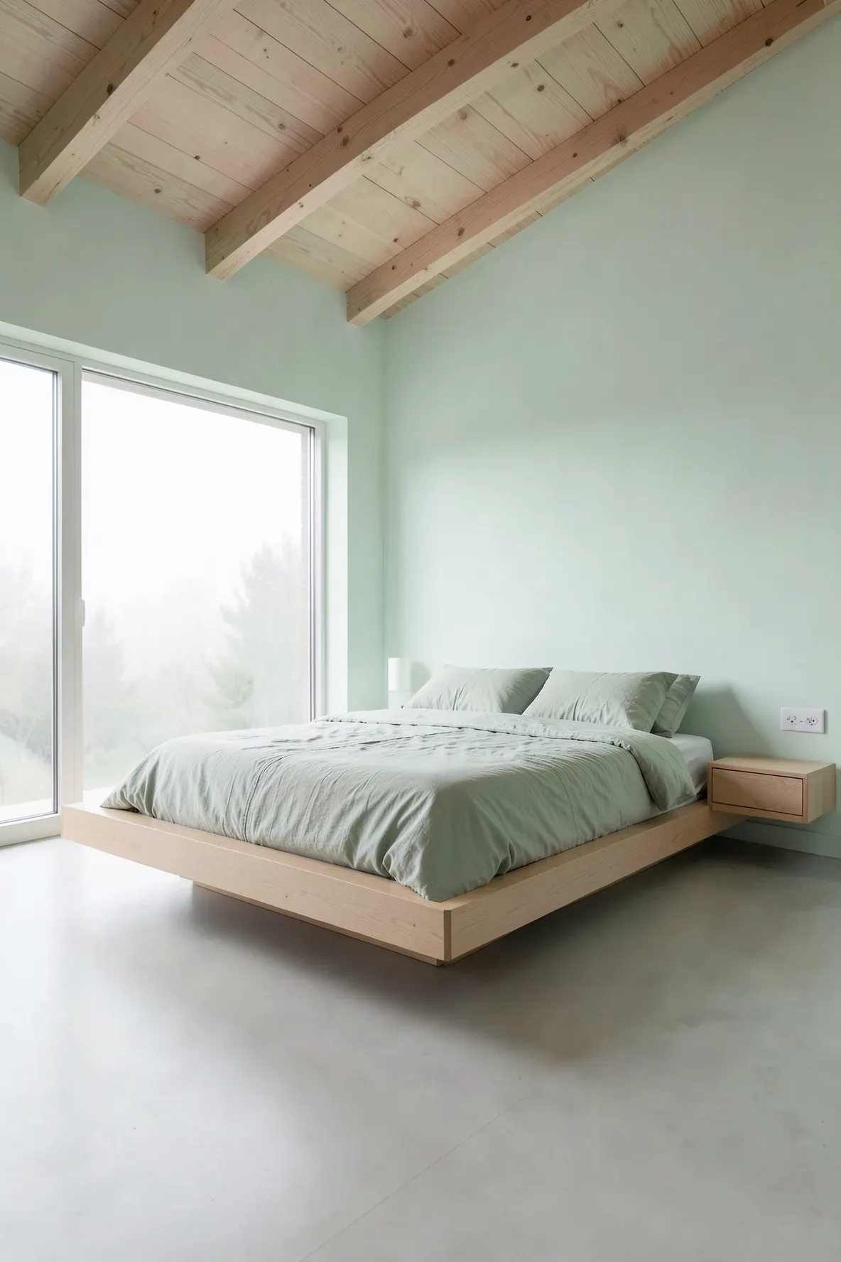 A low-profile oak platform bed with sage green linens in a spacious, minimalist bedroom.