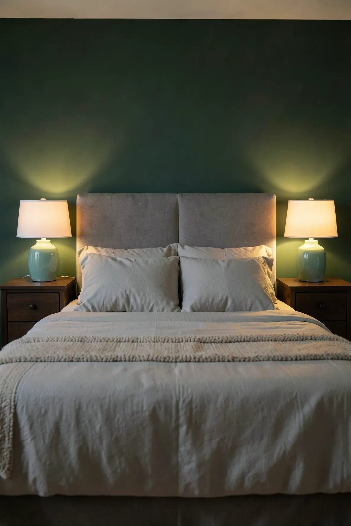 Two mint green ceramic lamps with warm glowing bulbs on nightstands in a green bedroom.