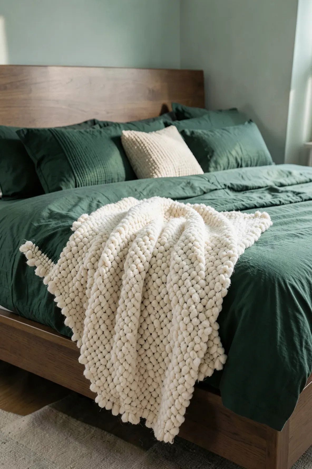 A textured cream bouclé throw blanket draped over emerald green bedding in a cozy bedroom.