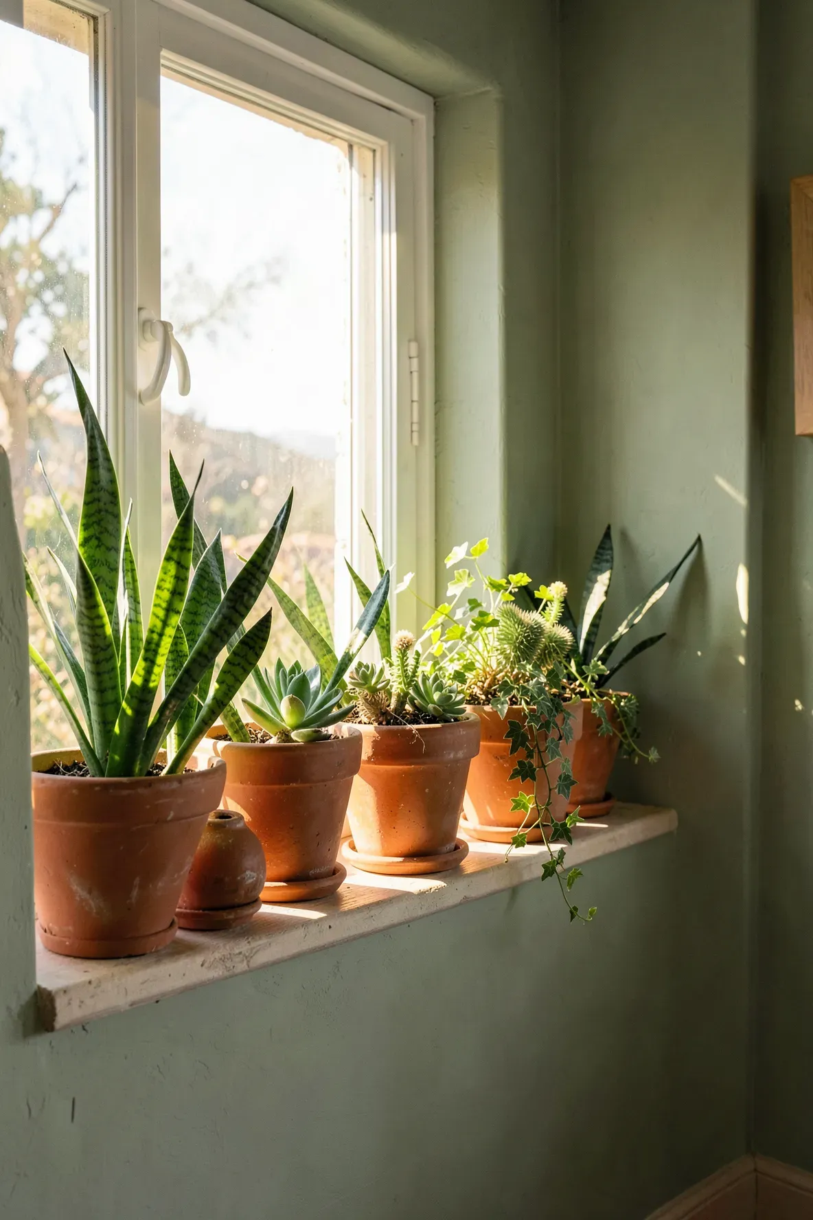 Green plants in earthy terracotta pots sitting on a sunny bedroom windowsill.