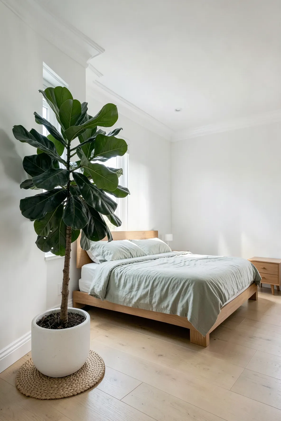 A tall Fiddle Leaf Fig plant with large glossy leaves in a bright, modern green-themed bedroom corner.