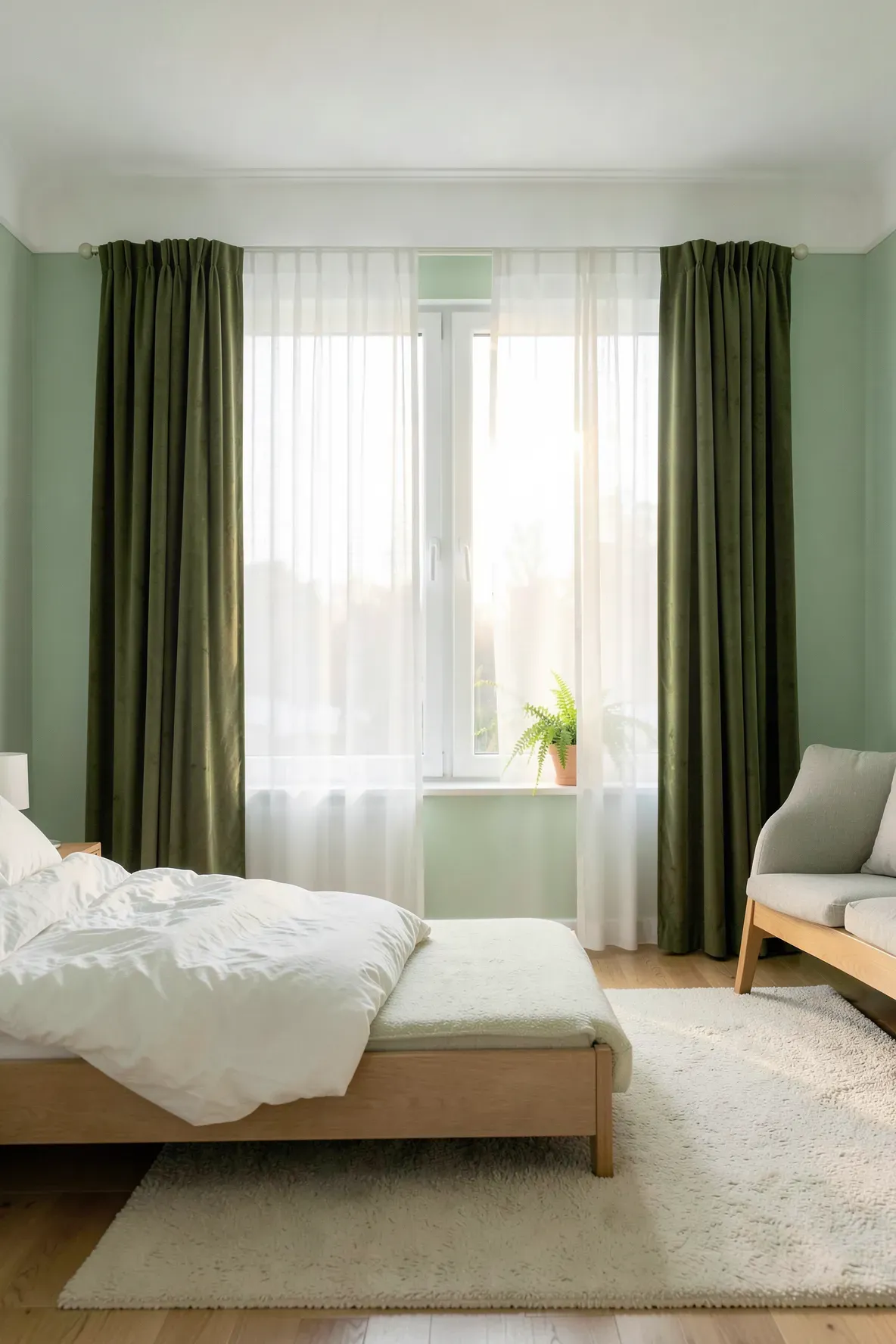 Soft white sheer curtains filtering sunlight into a relaxing bedroom with green accents and natural wood.