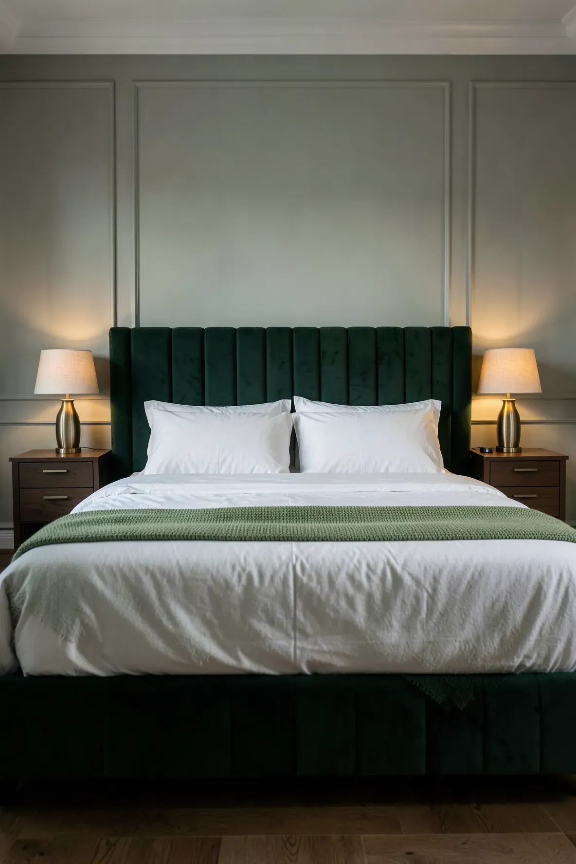 A plush forest green velvet headboard in a beautifully designed bedroom with sage walls and warm lighting.