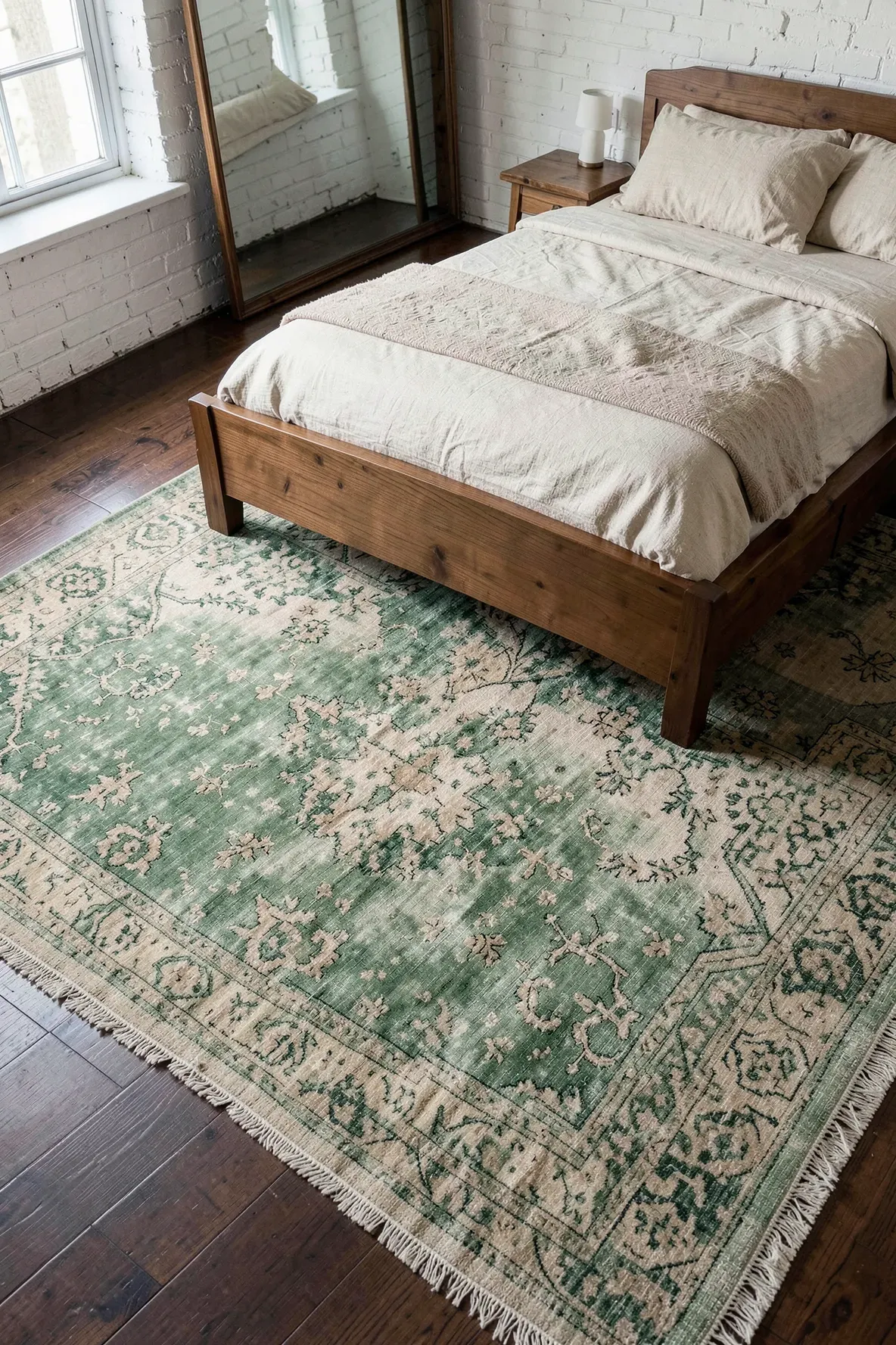 A large vintage Persian rug with faded green patterns on a dark wood floor in a cozy bedroom.