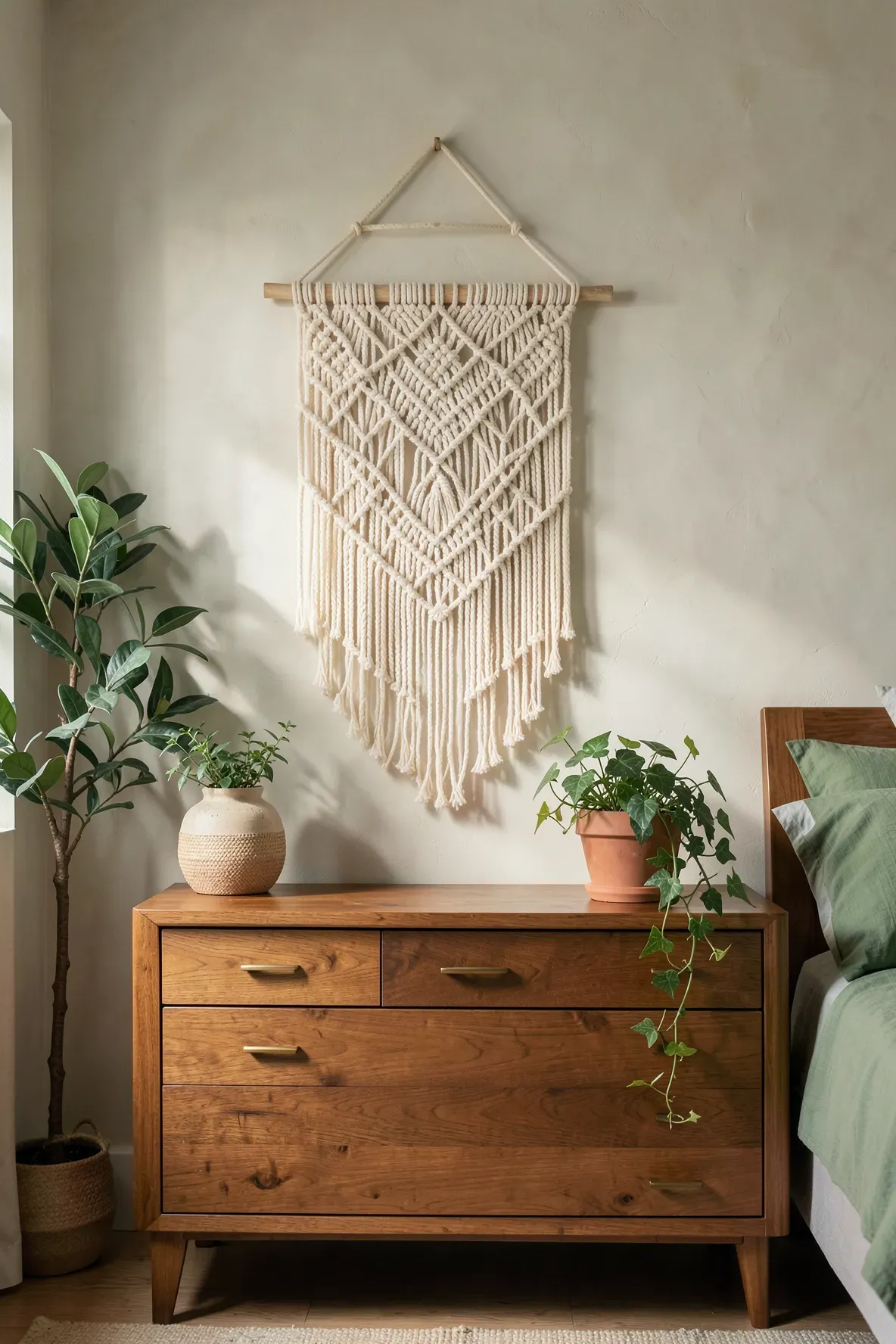 A cream cotton macramé wall hanging on a light wall above a wooden dresser in a green-themed bedroom.