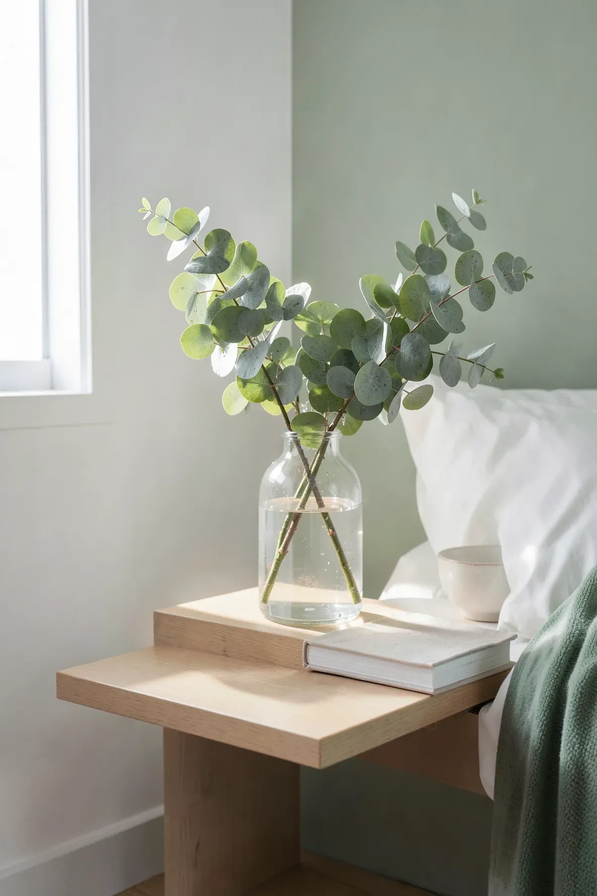 Fresh eucalyptus sprigs in a glass vase on a wooden nightstand in a minimalist green bedroom.
