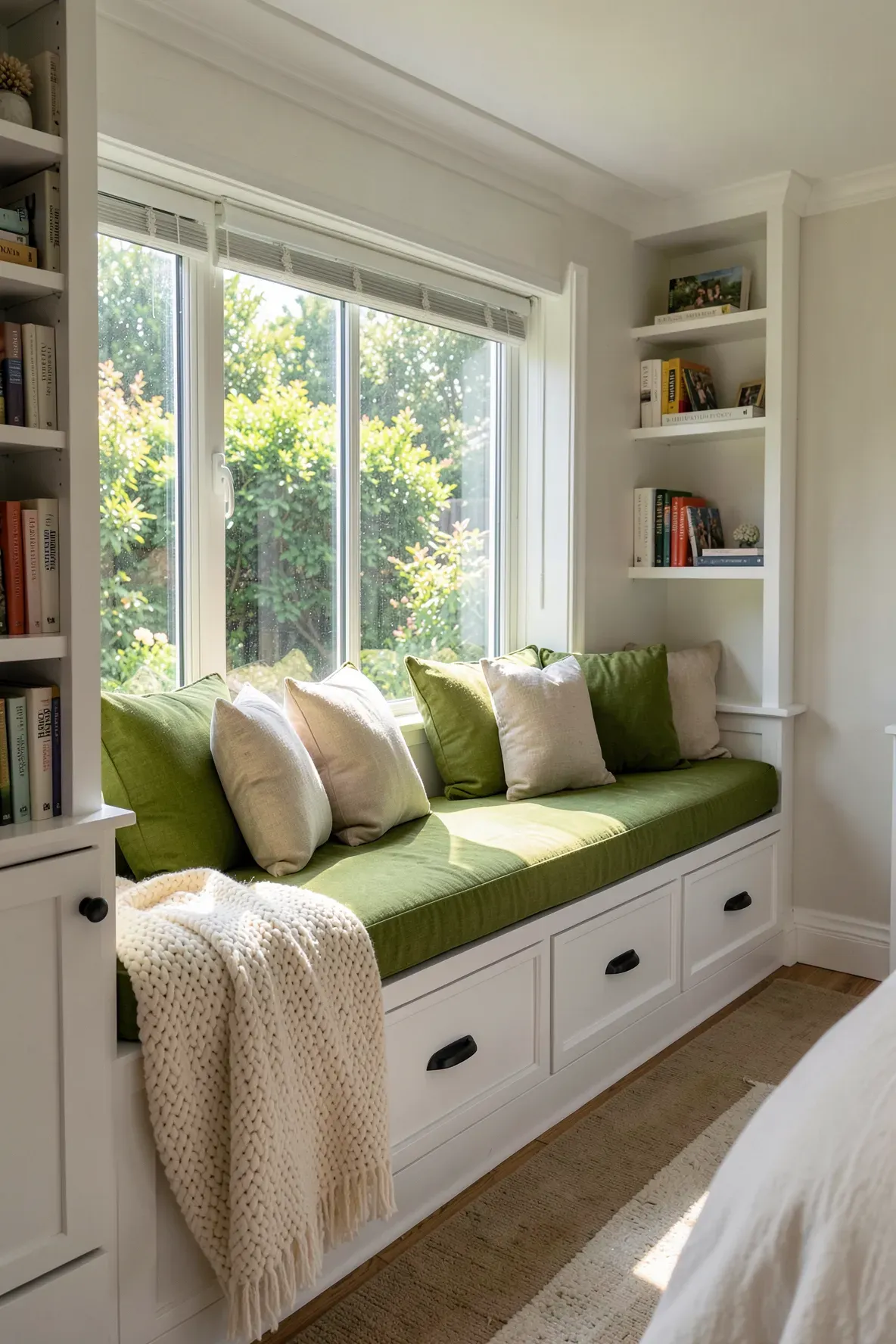 A cozy built-in window seat with moss green cushions and a knit throw in a bright, relaxing bedroom.