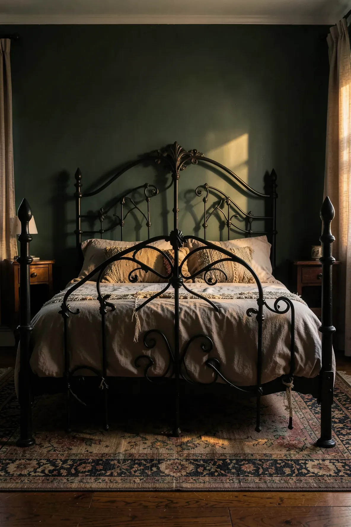 An ornate black wrought iron bed frame with scrollwork against a deep green wall in a moody bedroom.