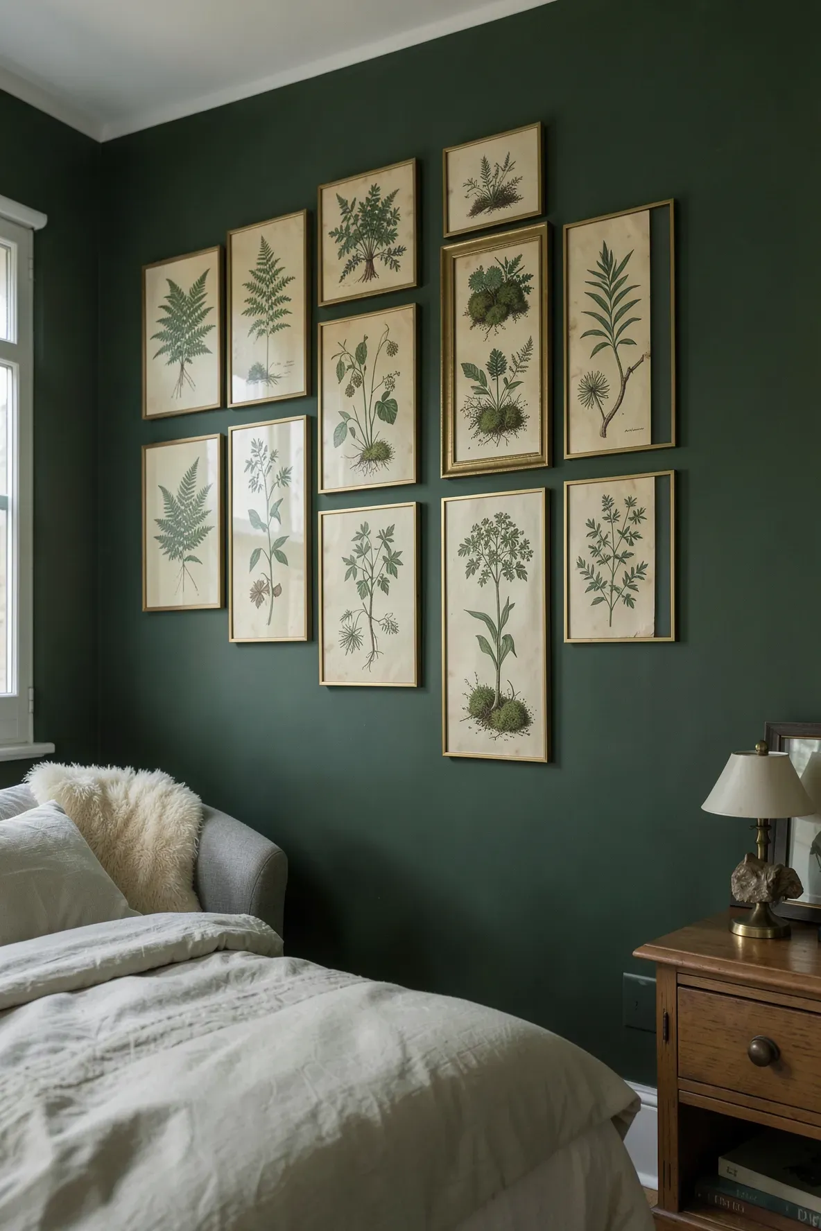 A gallery wall of vintage botanical prints in gold frames on a dark green bedroom wall.