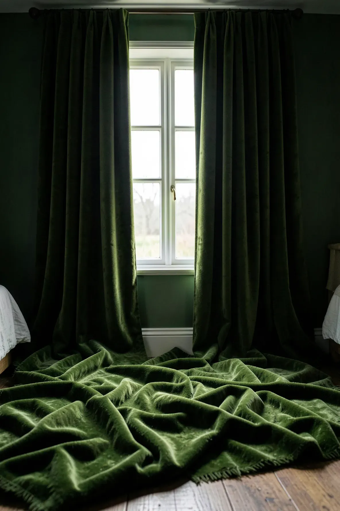 Thick moss green velvet curtains puddled on the floor of a dark, moody bedroom.