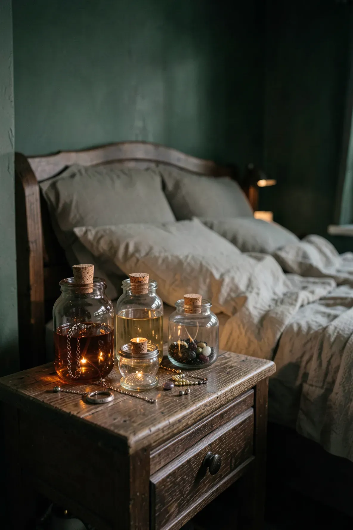 Amber and clear glass apothecary jars on a wooden nightstand in a dark green bedroom.