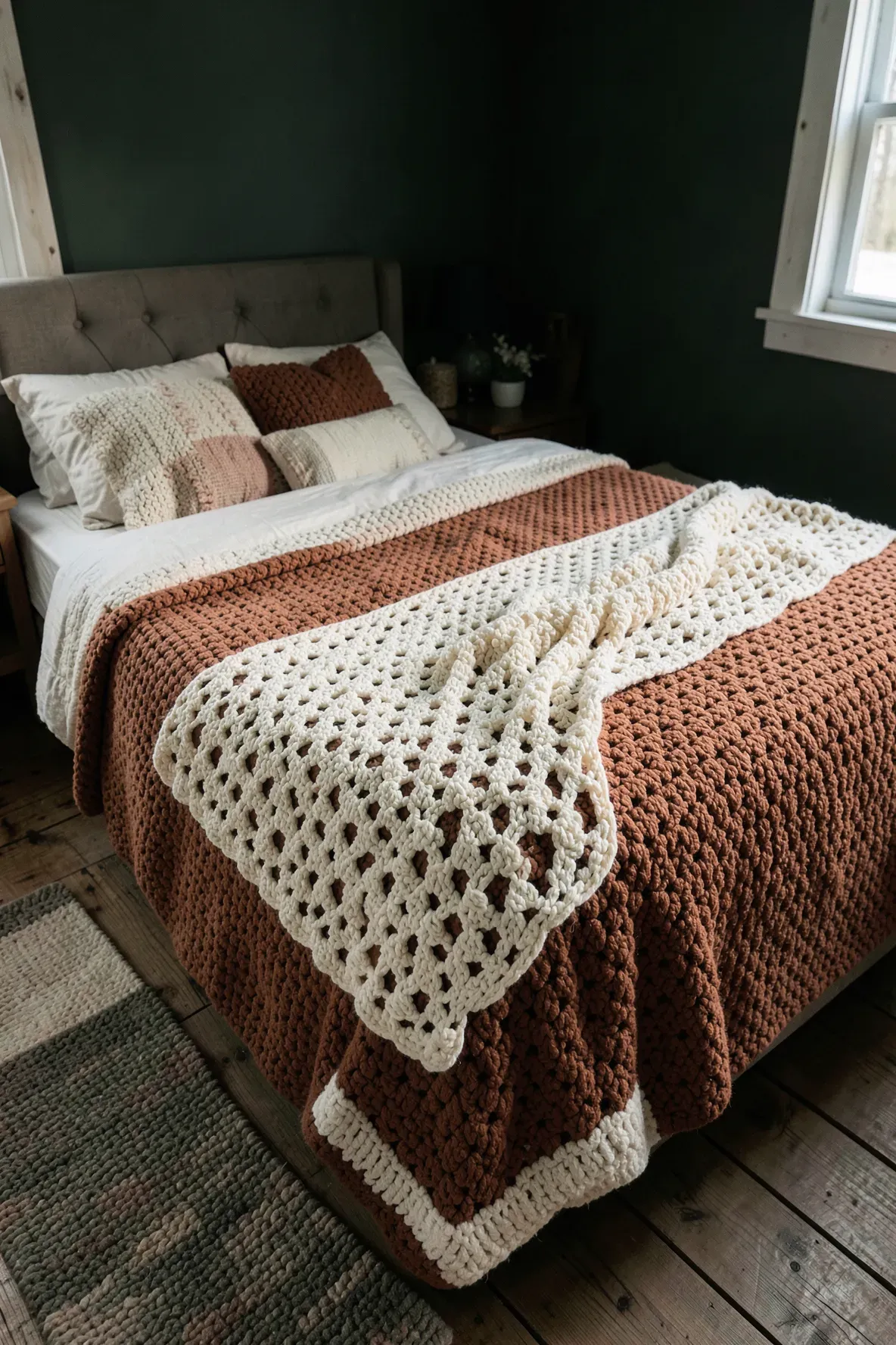 Layered wool and crochet blankets in earthy tones on a bed in a dark green room.