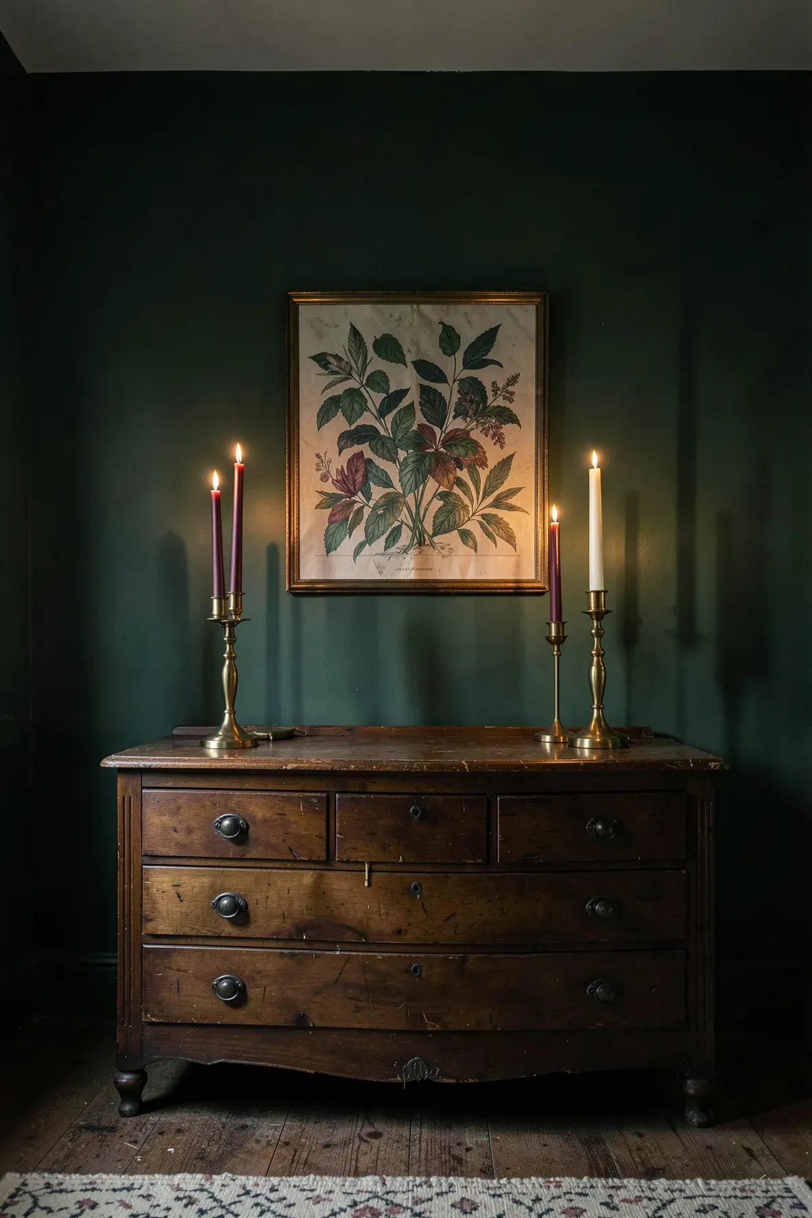 Antique brass candlesticks with tall taper candles on a dresser in a dark green bedroom.