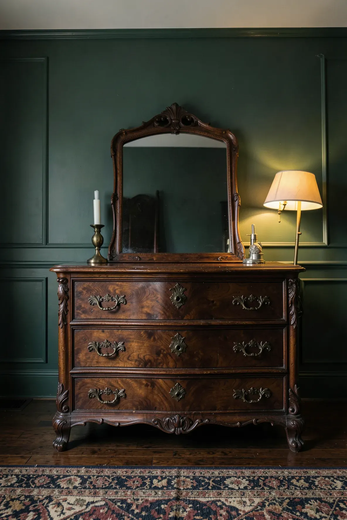 An intricately carved dark wood dresser with brass handles against a deep green bedroom wall.