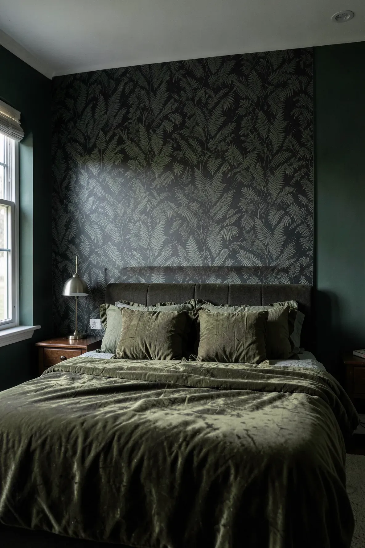 A bedroom focal wall with dark botanical fern wallpaper behind a bed with olive green velvet bedding.