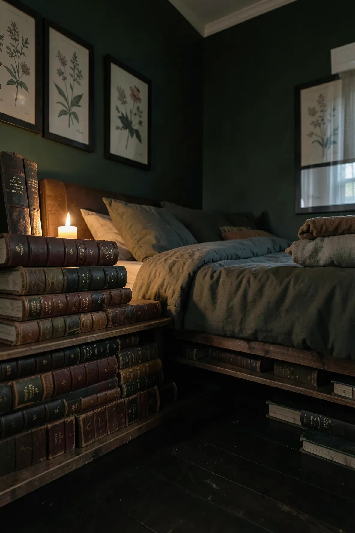 Stacks of old leather-bound books with gold lettering on low shelves in a dark green bedroom.