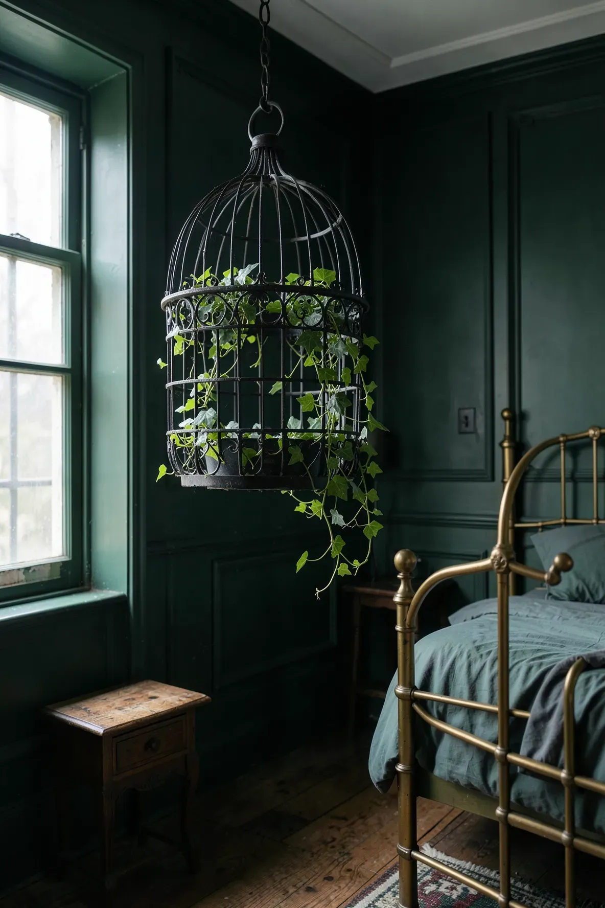 An antique black metal birdcage holding a trailing green plant, hanging in a dark green bedroom.