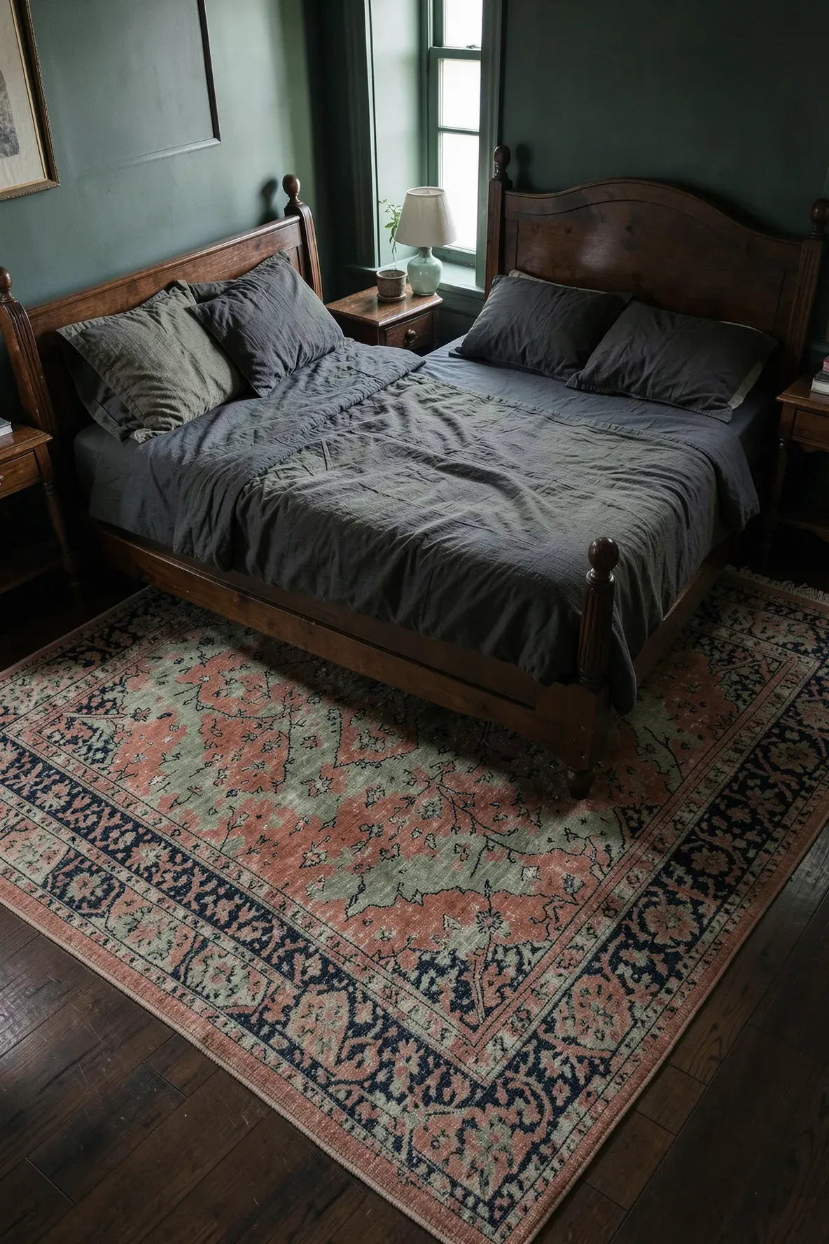 A large, distressed Persian rug in earth tones on a dark wood floor in a deep green bedroom.