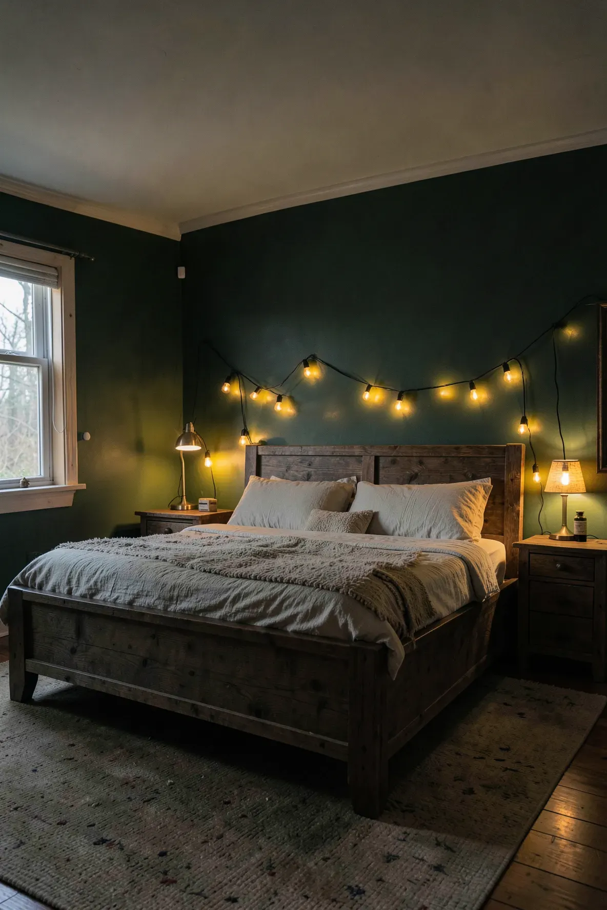 A dark green bedroom with warm Edison bulbs draped over a wooden headboard, creating a cozy amber glow.