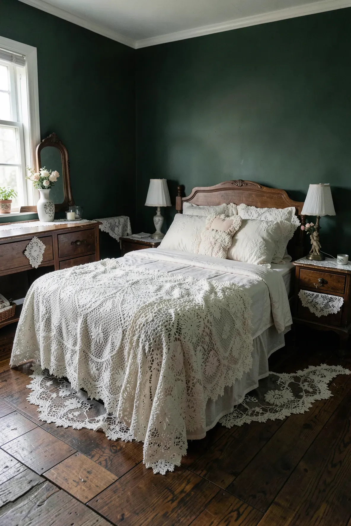 Delicate white lace doilies on dark wooden furniture in a room with deep green walls.