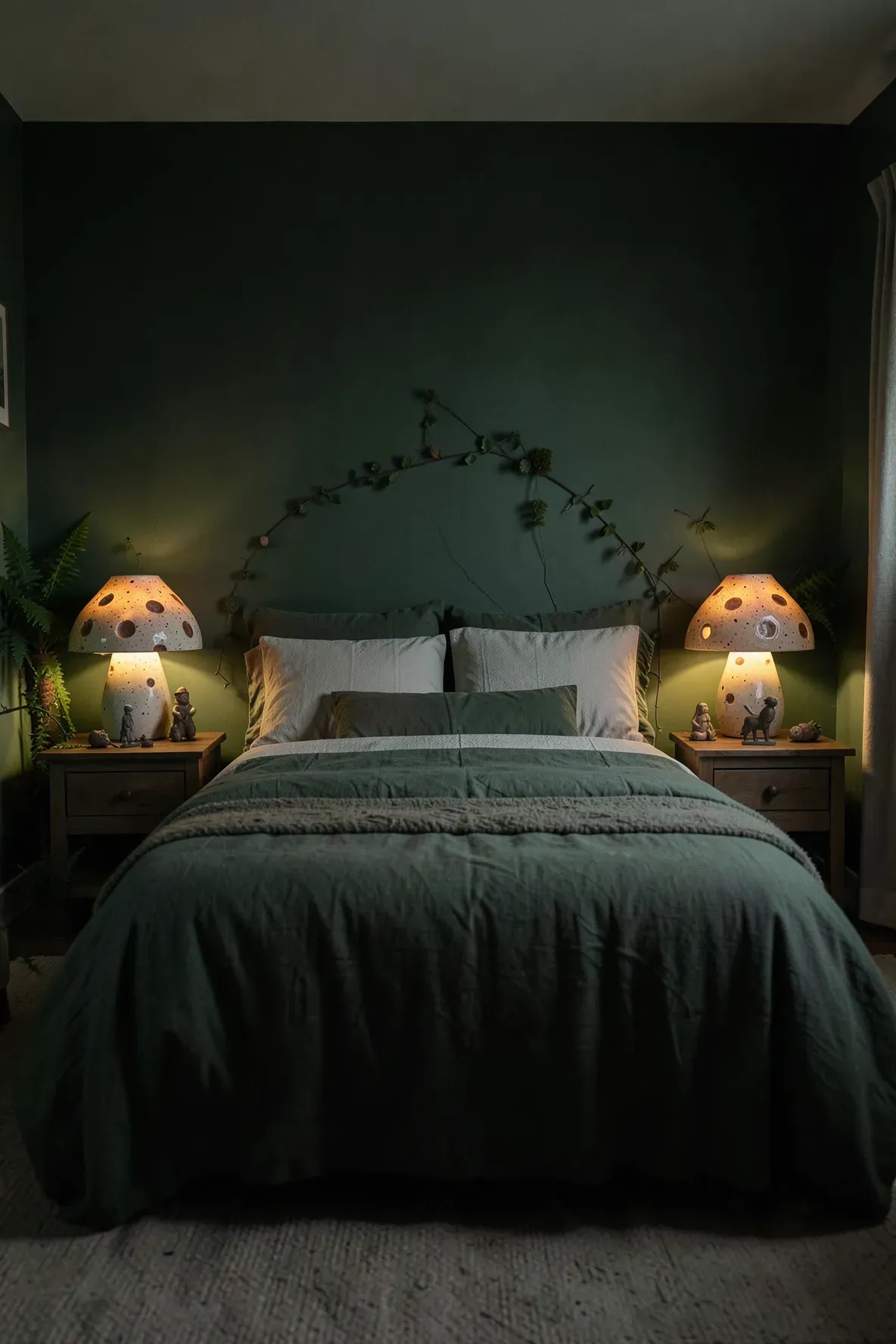 Whimsical mushroom-shaped ceramic lamps glowing softly on nightstands in a dark green bedroom.
