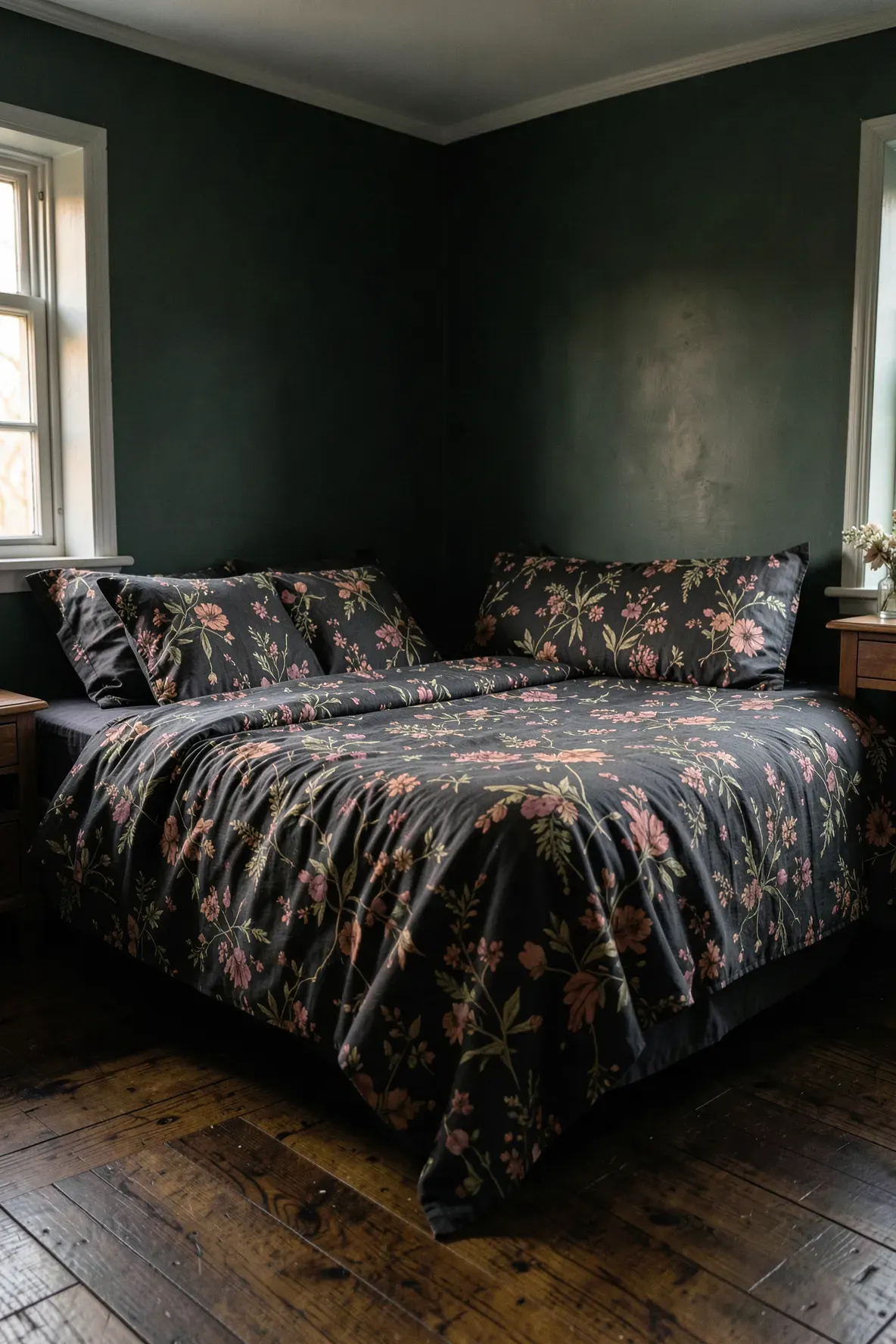 A bed with dark floral botanical bedding in a moody bedroom with deep green walls.
