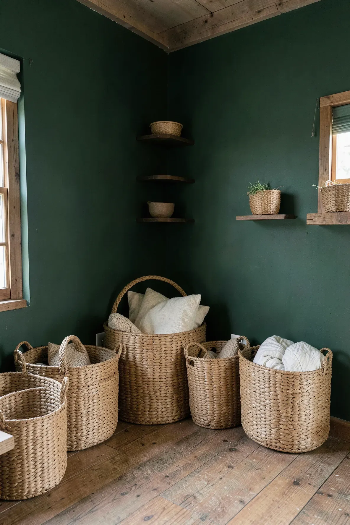 Hand-woven willow baskets used for storage in a rustic bedroom with dark green walls.