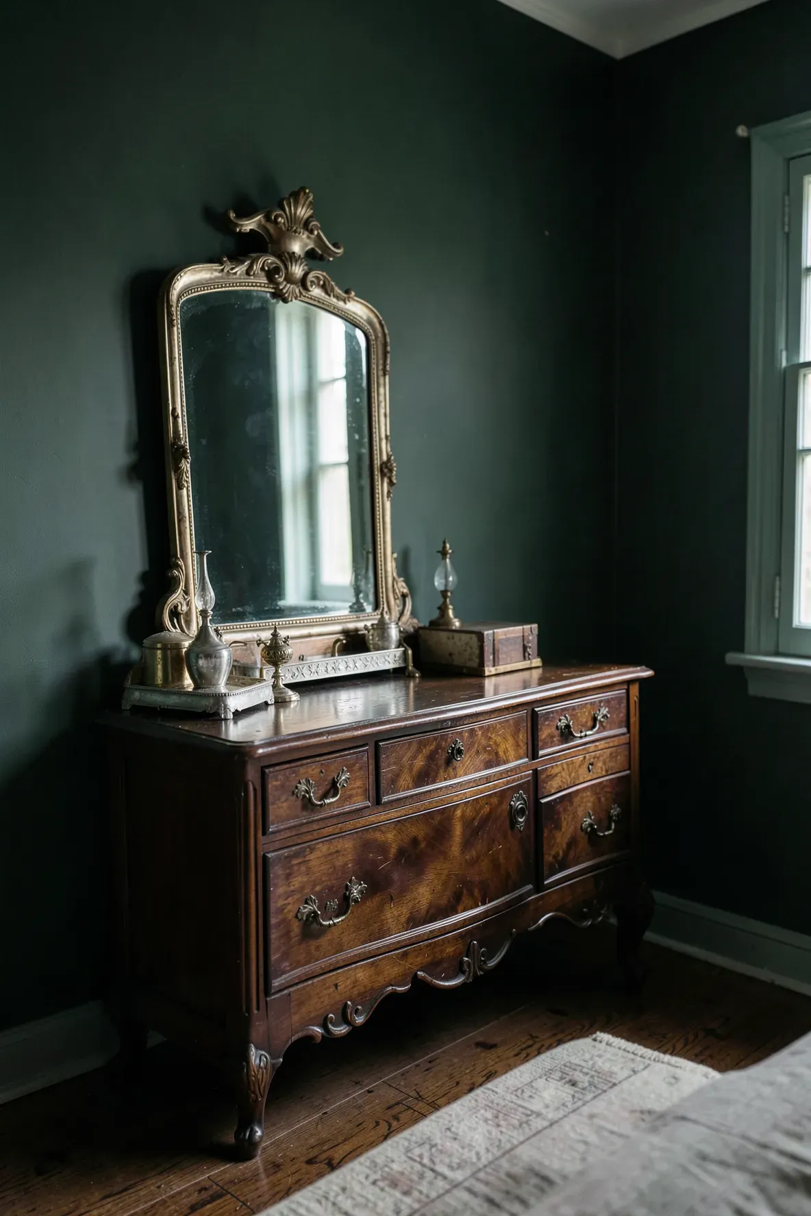 An antique silver hand mirror and brush set on a dark wood dresser against a deep green wall.