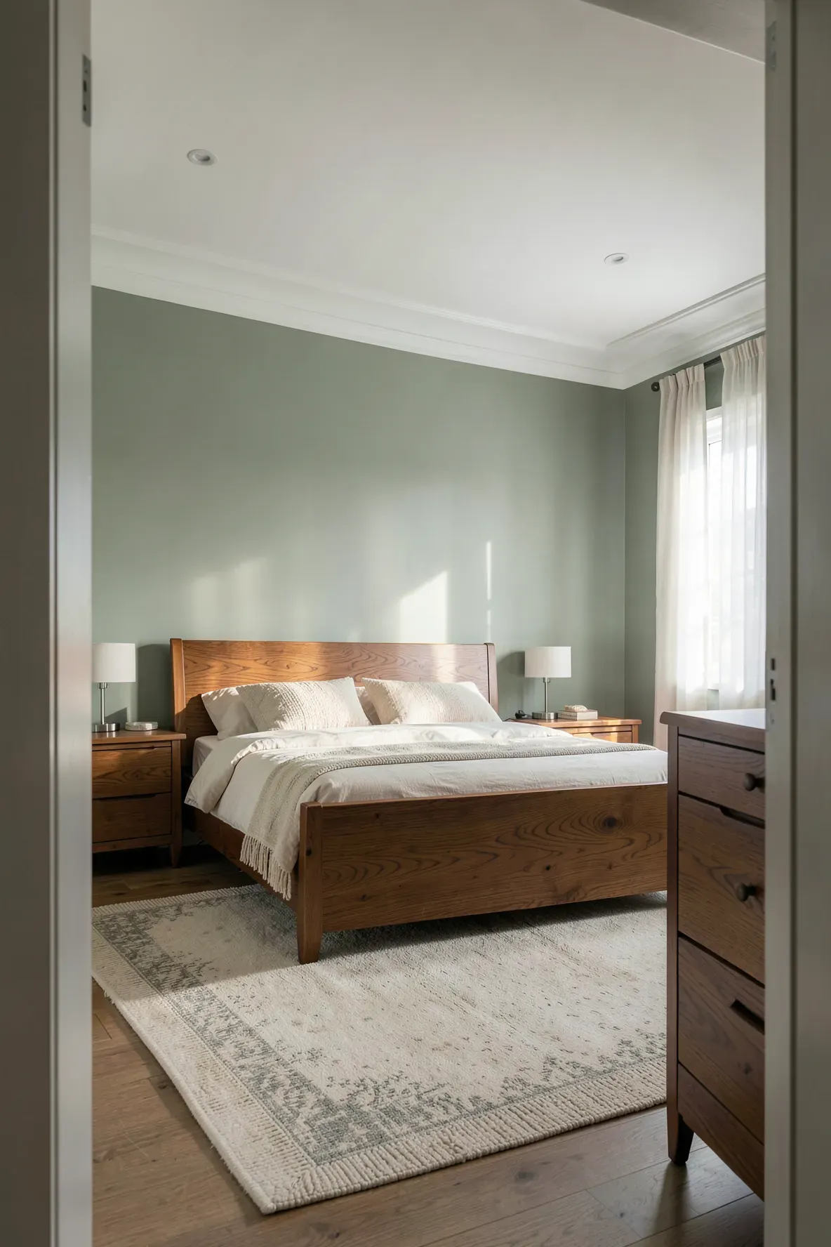 A cozy bedroom with sage green walls, a warm oak bed frame, and walnut furniture under soft light.