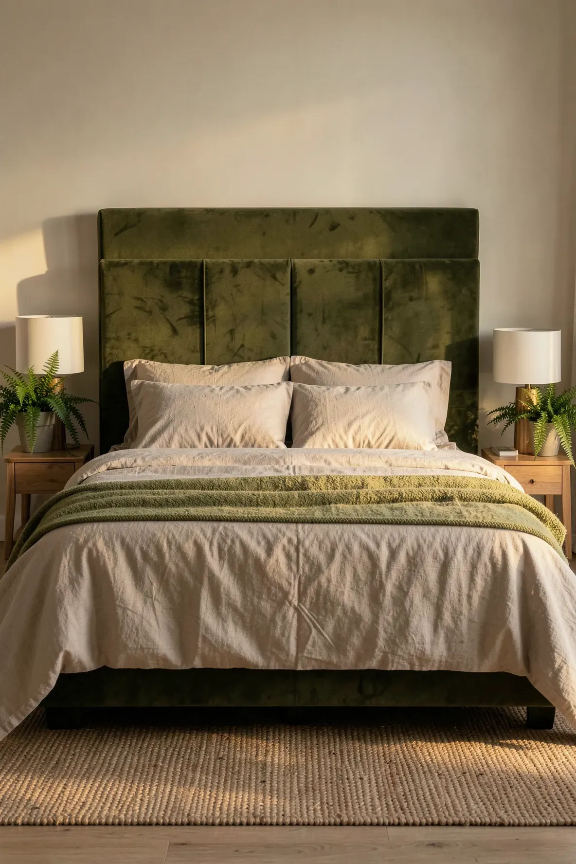 A plush olive green velvet headboard in a bright bedroom with earthy decor and natural lighting.