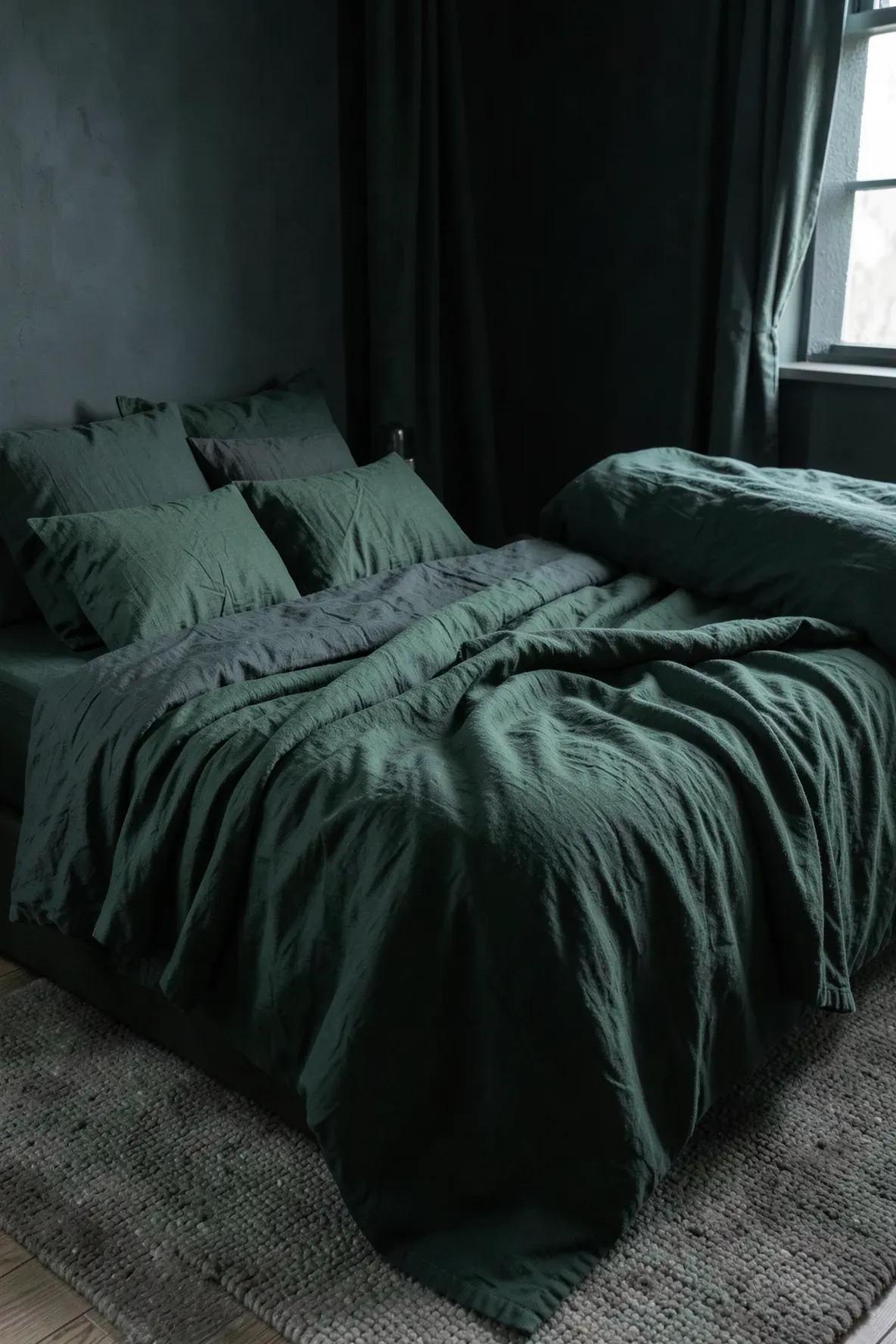 Moody bedroom featuring layered forest green linen bedding and dark, cozy atmospheric lighting.