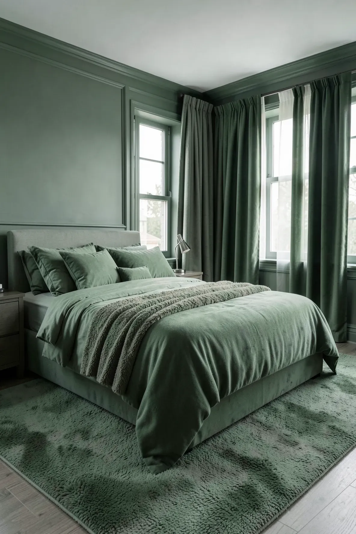 A monochromatic green bedroom with layered textures of wool, silk, and cotton for a cozy effect.