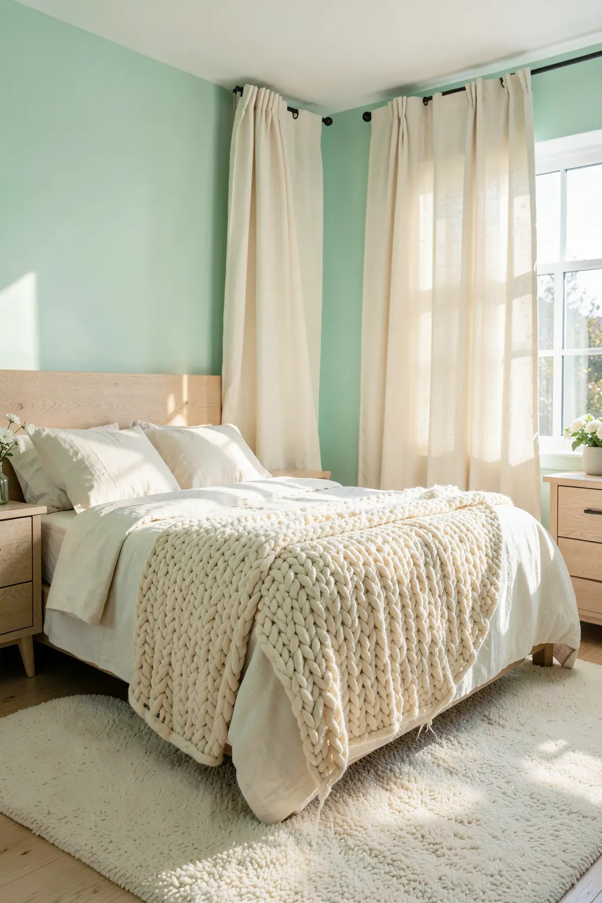 A bright bedroom with mint green walls, cream knit blankets, and warm morning sunlight.