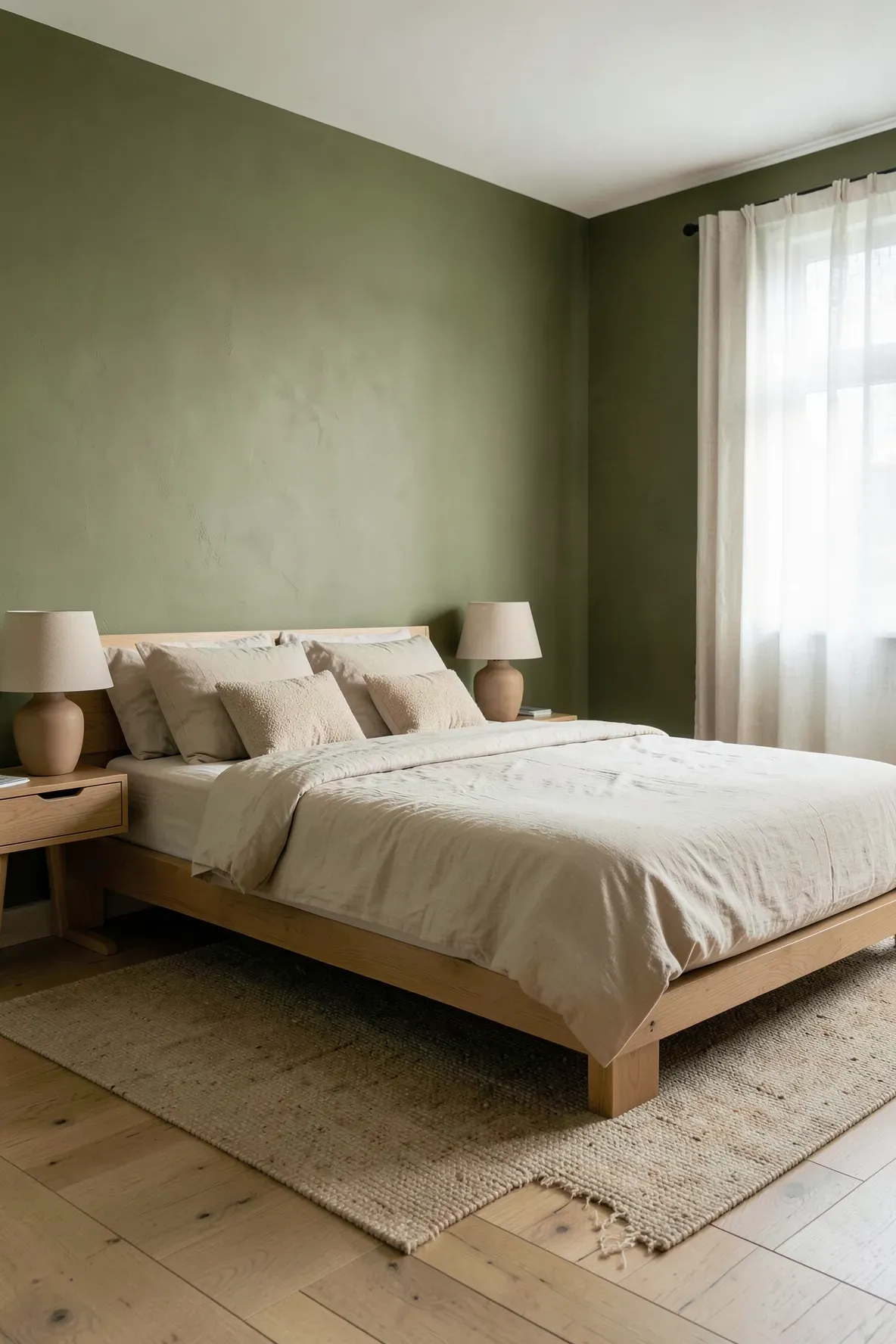 A calm olive green bedroom with a beige jute rug, sandy lampshades, and minimalist wooden furniture.
