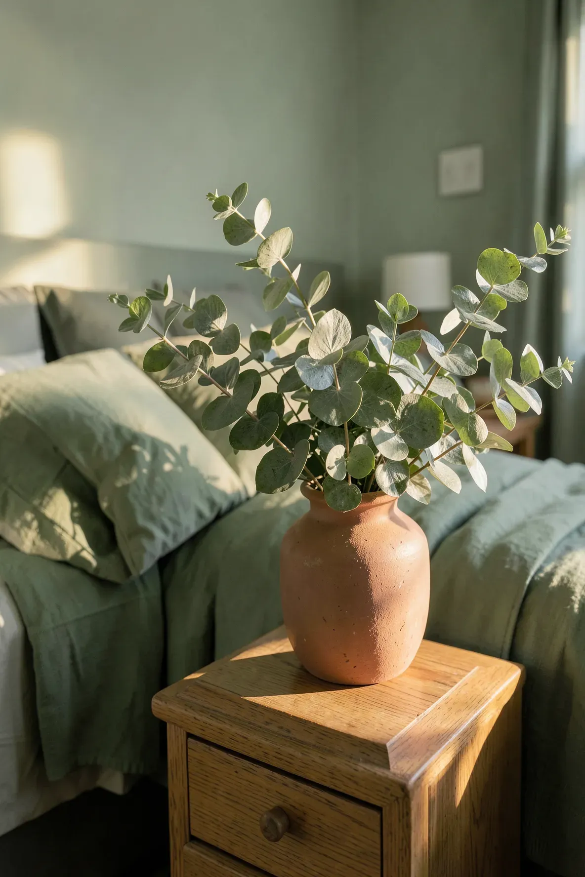 Eucalyptus sprigs in a terracotta vase on a wooden nightstand in a cozy sage green bedroom.
