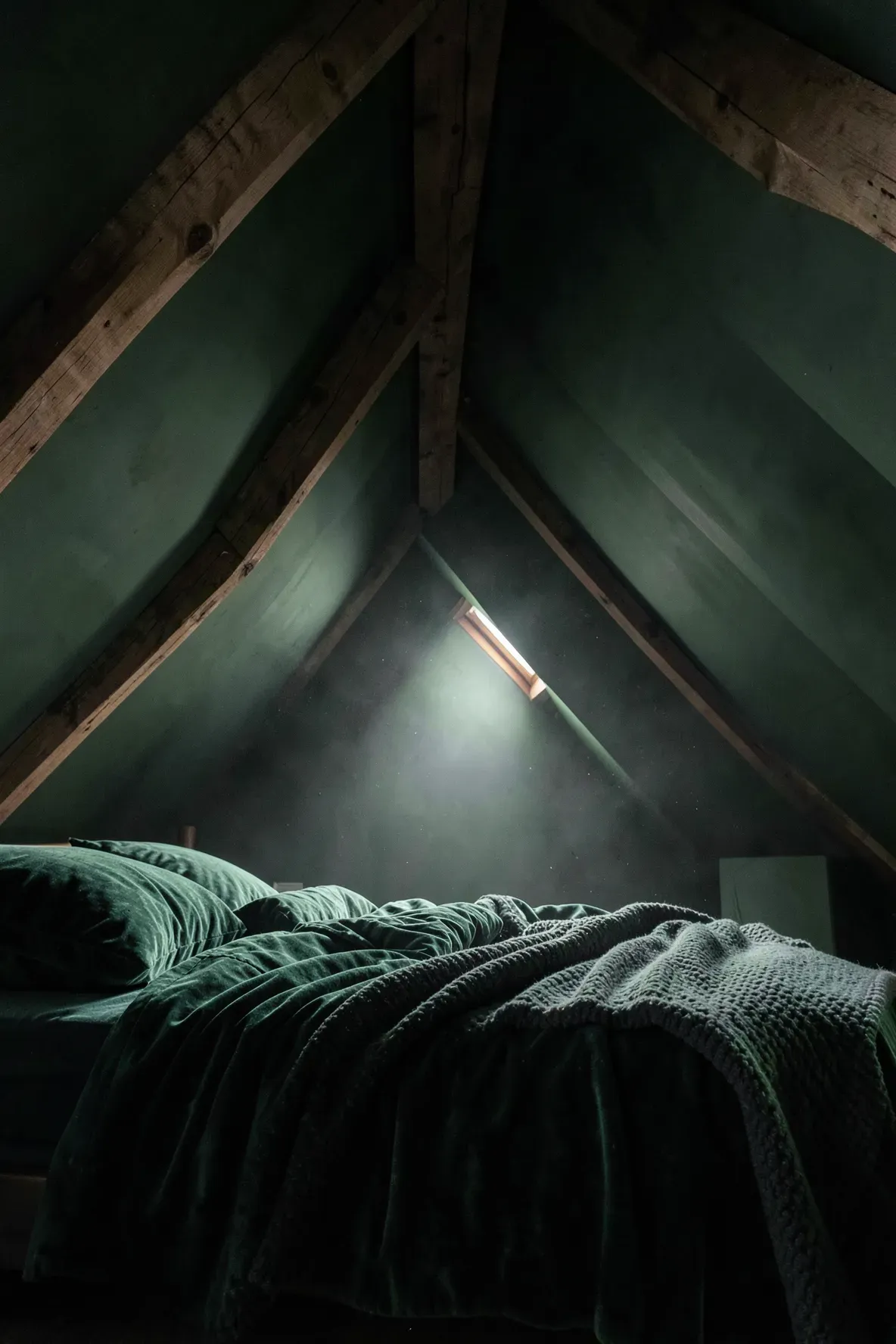 An attic bedroom with sloped walls and a dark moss green ceiling creating a cozy, cave-like feel.