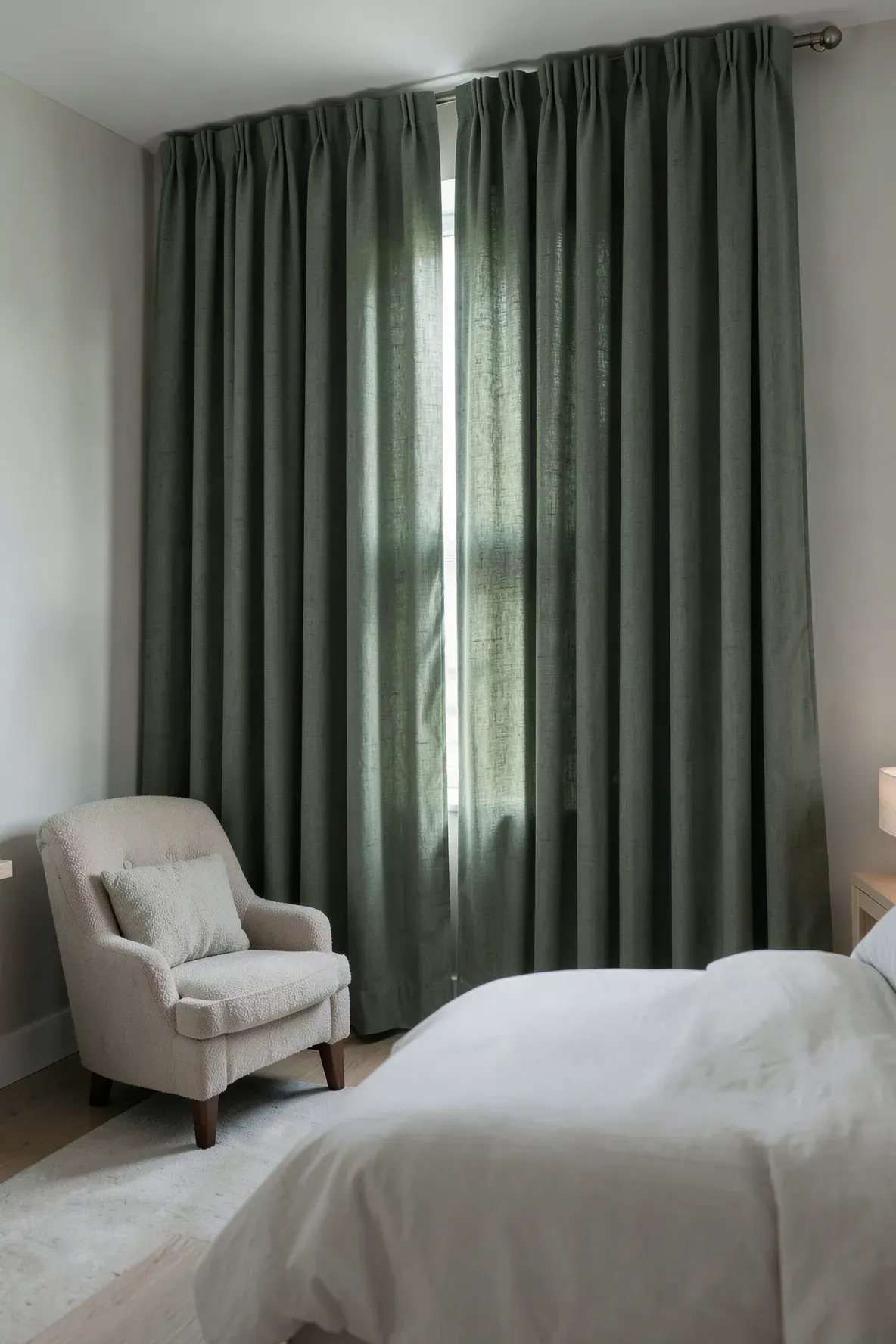 Heavy sage green blackout curtains hanging in a peaceful, dimly lit bedroom sanctuary.