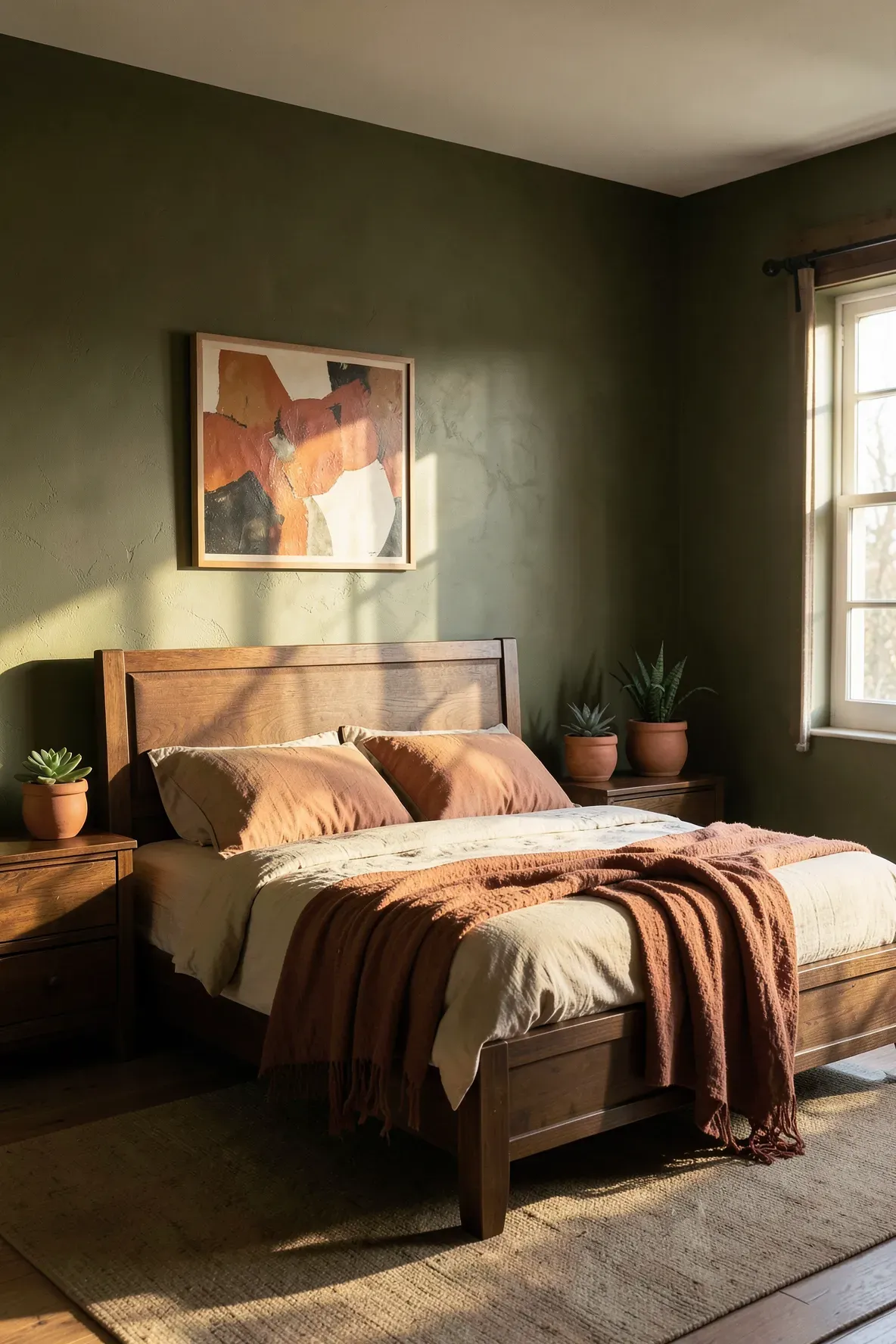 A cozy olive green bedroom featuring terracotta pots and a rust-colored throw blanket in warm sunlight.