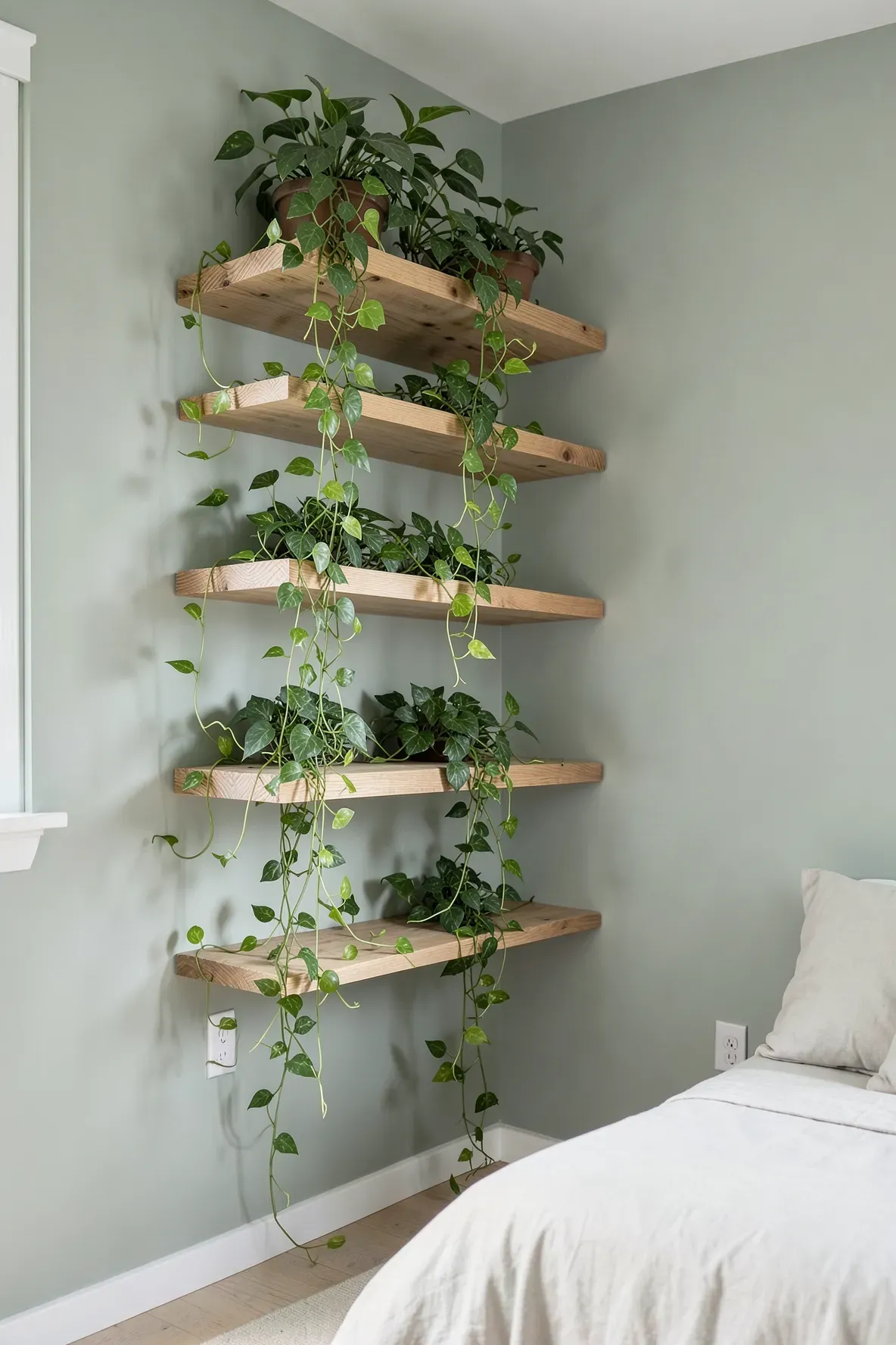 Floating wood shelves with long trailing ivy vines against a soft sage green bedroom wall.