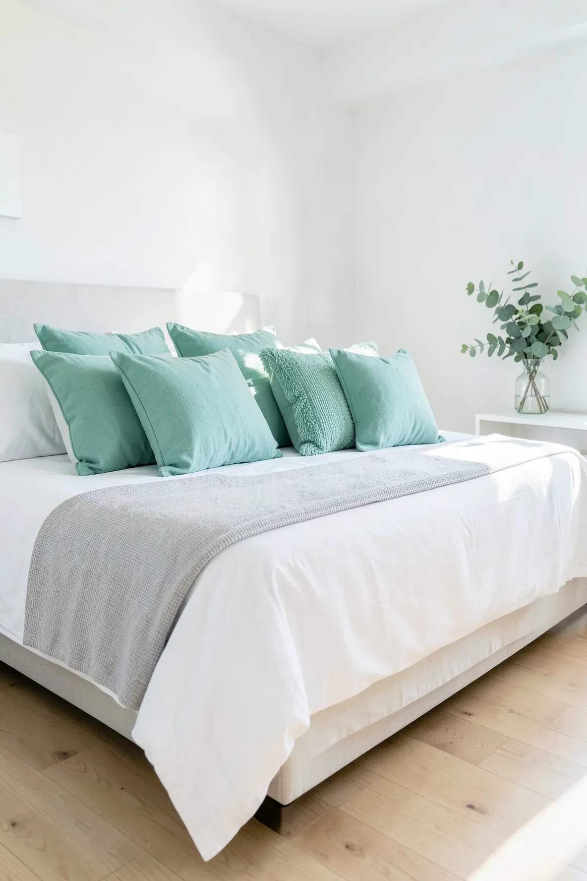 Seafoam green throw pillows arranged on a white and grey bed in a bright, sunlit room.