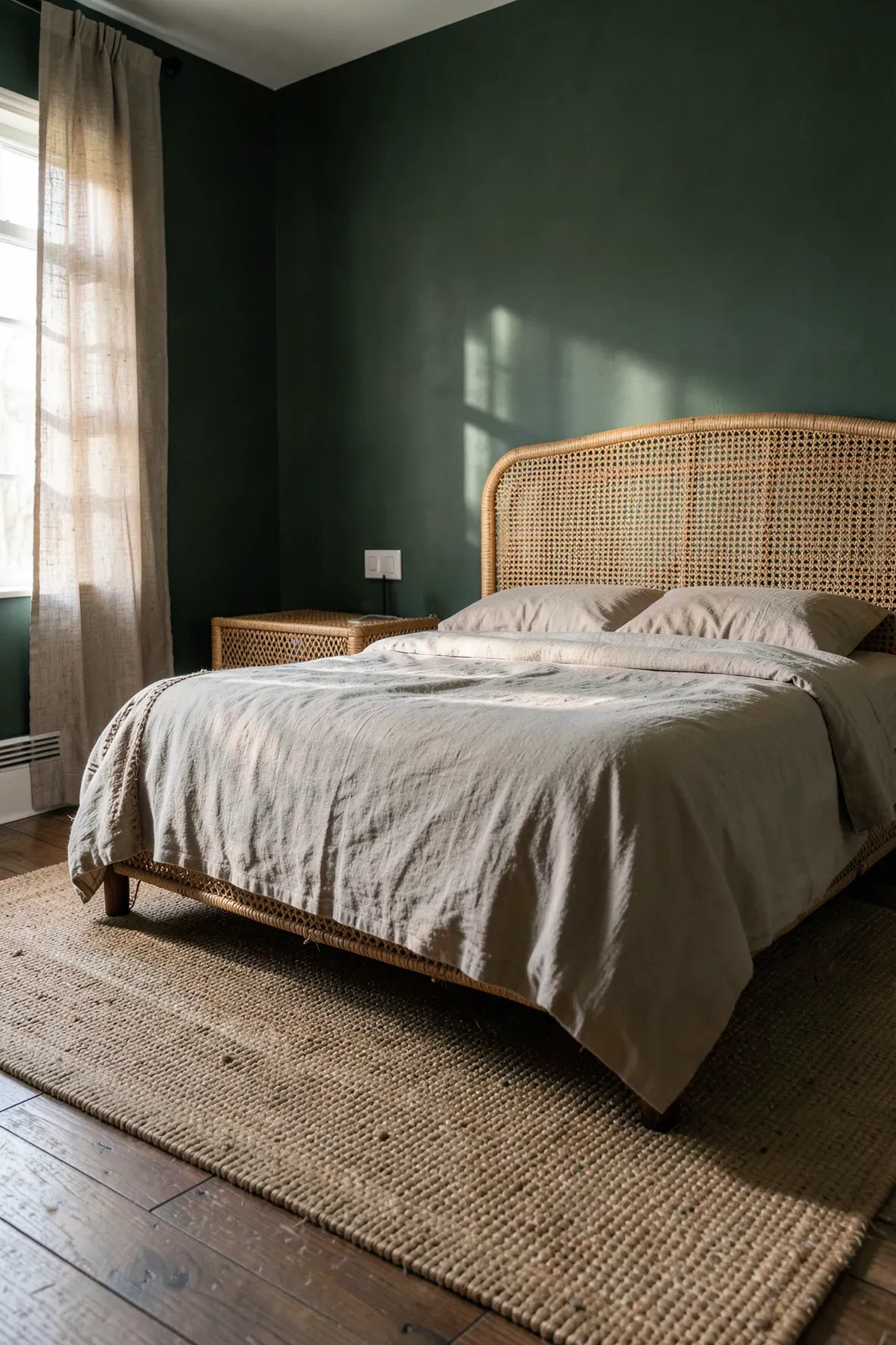 A forest green bedroom featuring a textured jute rug and woven rattan furniture.