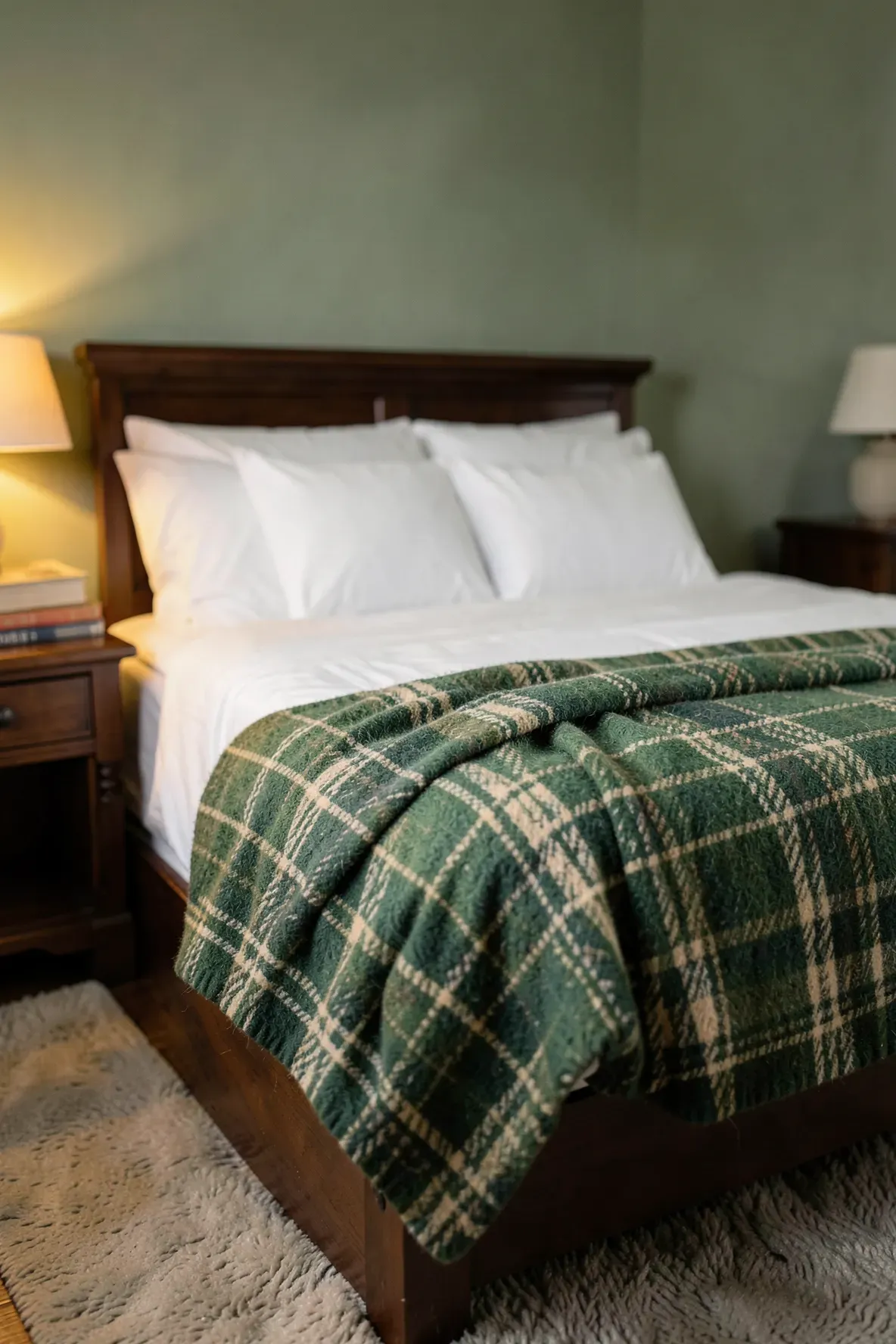 A green and cream checked wool blanket folded at the foot of a bed in a cozy room.