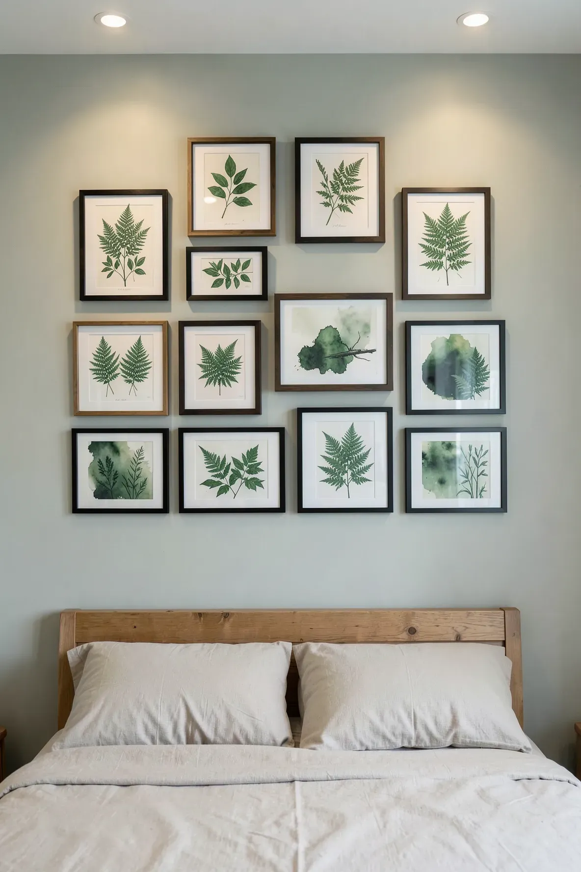 A gallery wall of botanical prints and fern sketches in wood frames above a bedroom bed.